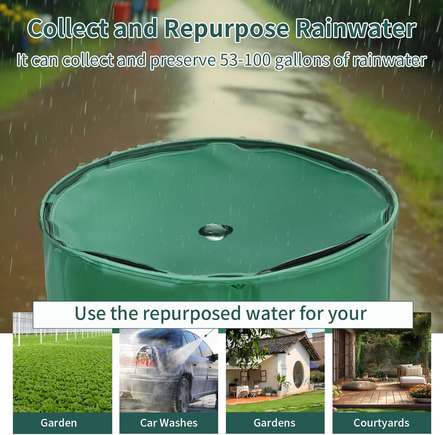 Collapsible Rain Barrel, 100 Gallon Rain Water Collection Barrel, PVC Rainwater Collection System with Filter and Faucet, Water Tank for Garden Water Catcher