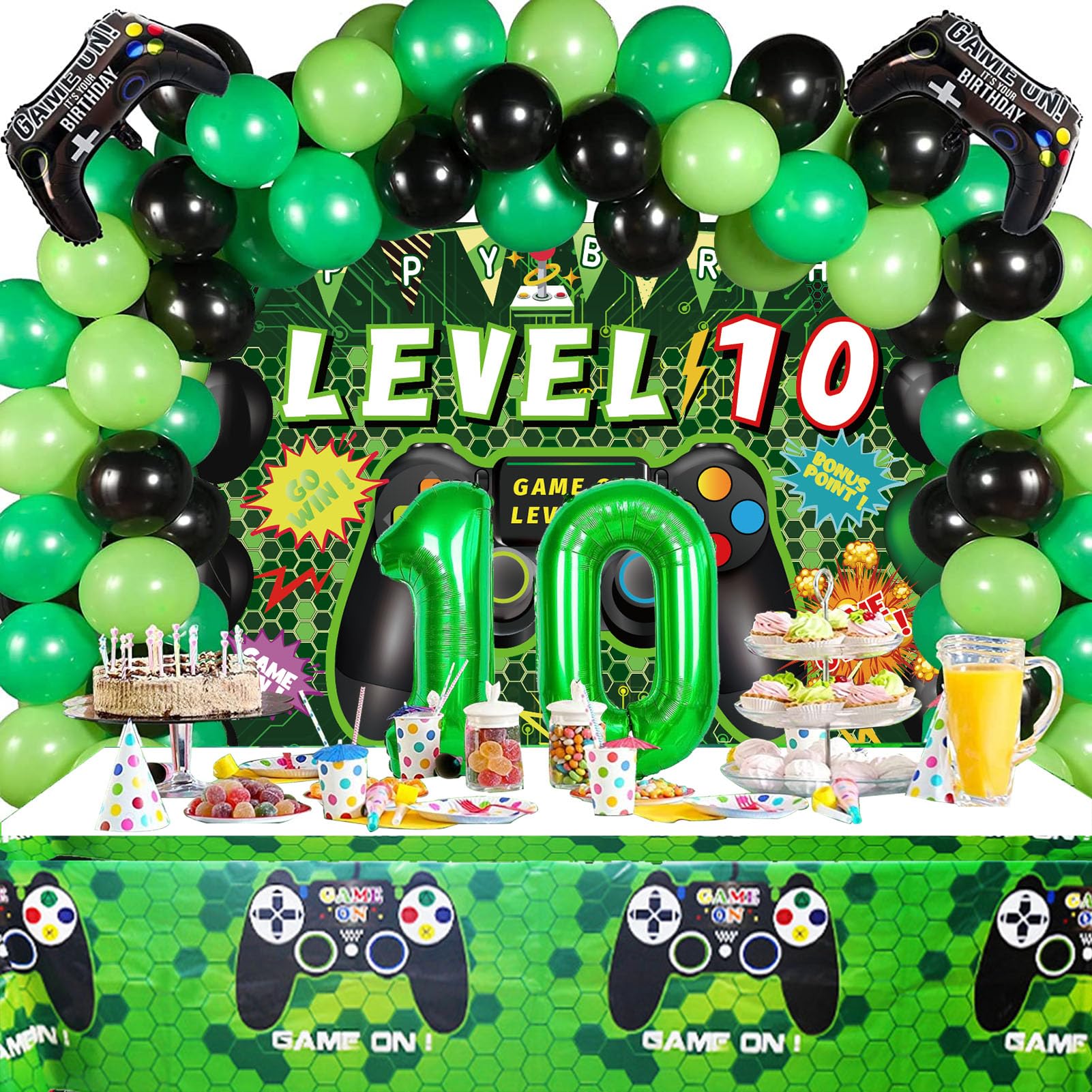 Vlipoeasn 90PCS 10th Birthday Video Game Party Decorations - Green 10th Supplies - Video Game Backdrop, Balloons, Tablecloth, Gamer and 10 Foil