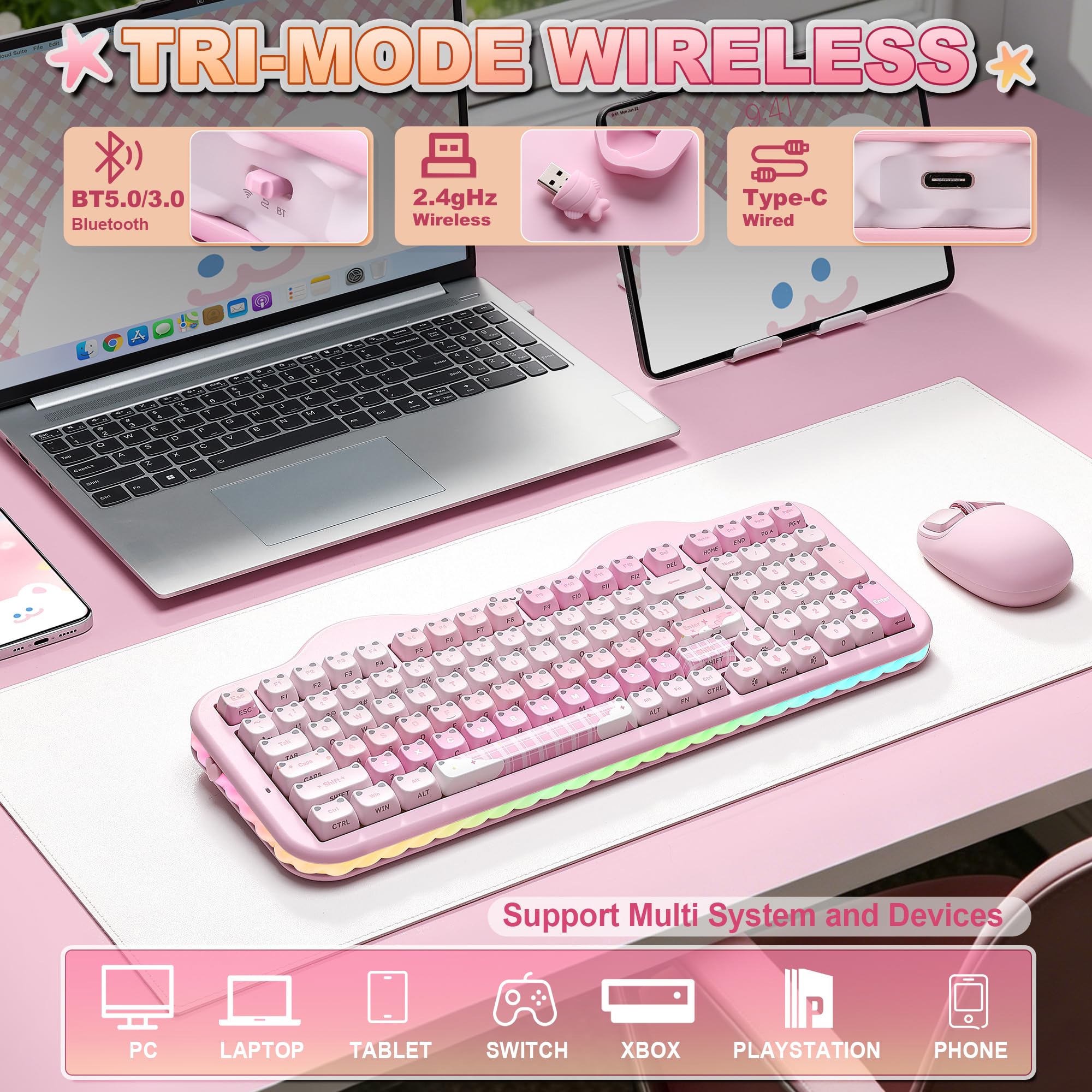 YUNZII C98 Klawiatura mechaniczna (Różowy, Milk V2 Linear Switch) | BT5.0/2.4G/USB-C, Hot Swap Gasket Mount, przezroczyste MOA keycapy, RGB, motyw Cake, Win/Mac