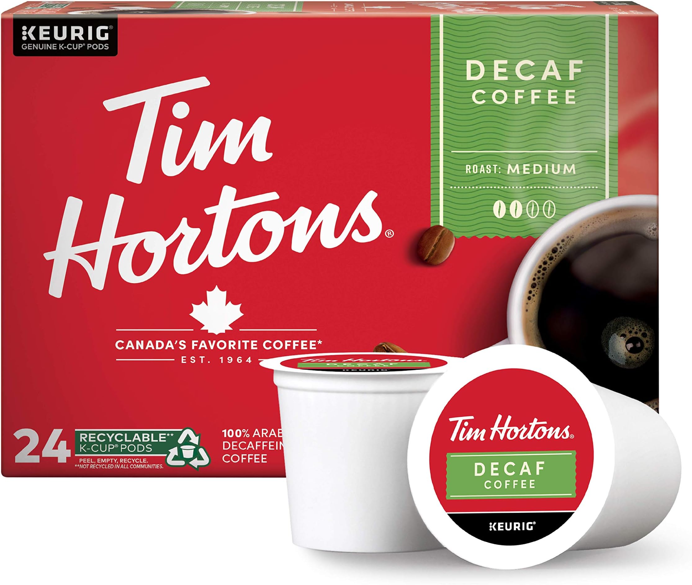 Decaf Medium Roast Coffee, Single-Serve K-Cup Pods Compatible with Keurig Brewers, 96ct K-Cups, Red 24 Count (Pack of 4)