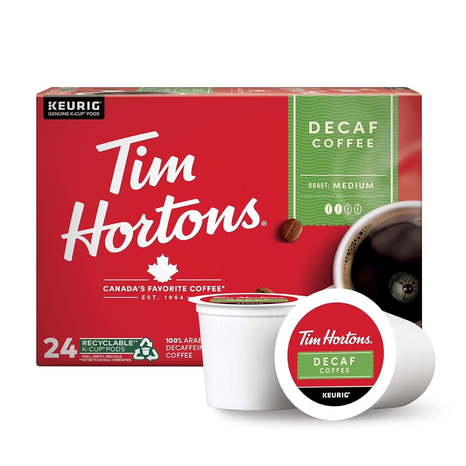Tim Hortons Decaf Medium Roast Coffee, Single-Serve K-Cup Pods Compatible with Keurig Brewers, 96ct K-Cups, Red 24 Count (Pack of 4)