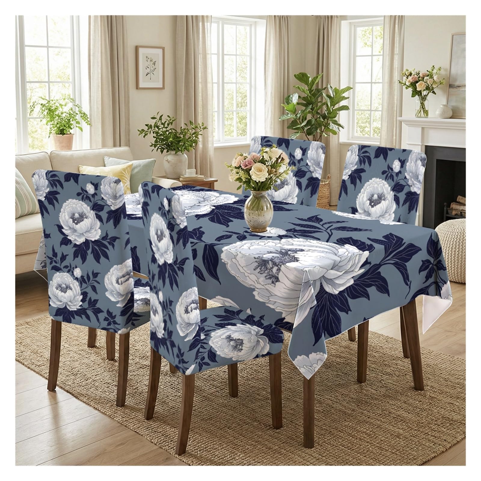 Nappe et housses de chaise bleu poussière imprimé pivoine pour salle à manger