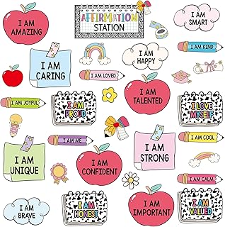 Schoolgirl Affirmation Station Bulletin Board Set Composition Motivational Poster for Classroom Decoration Positive Cutout Inspirational Mirror Growth Mindset Door Decor for School Office Wall Supply