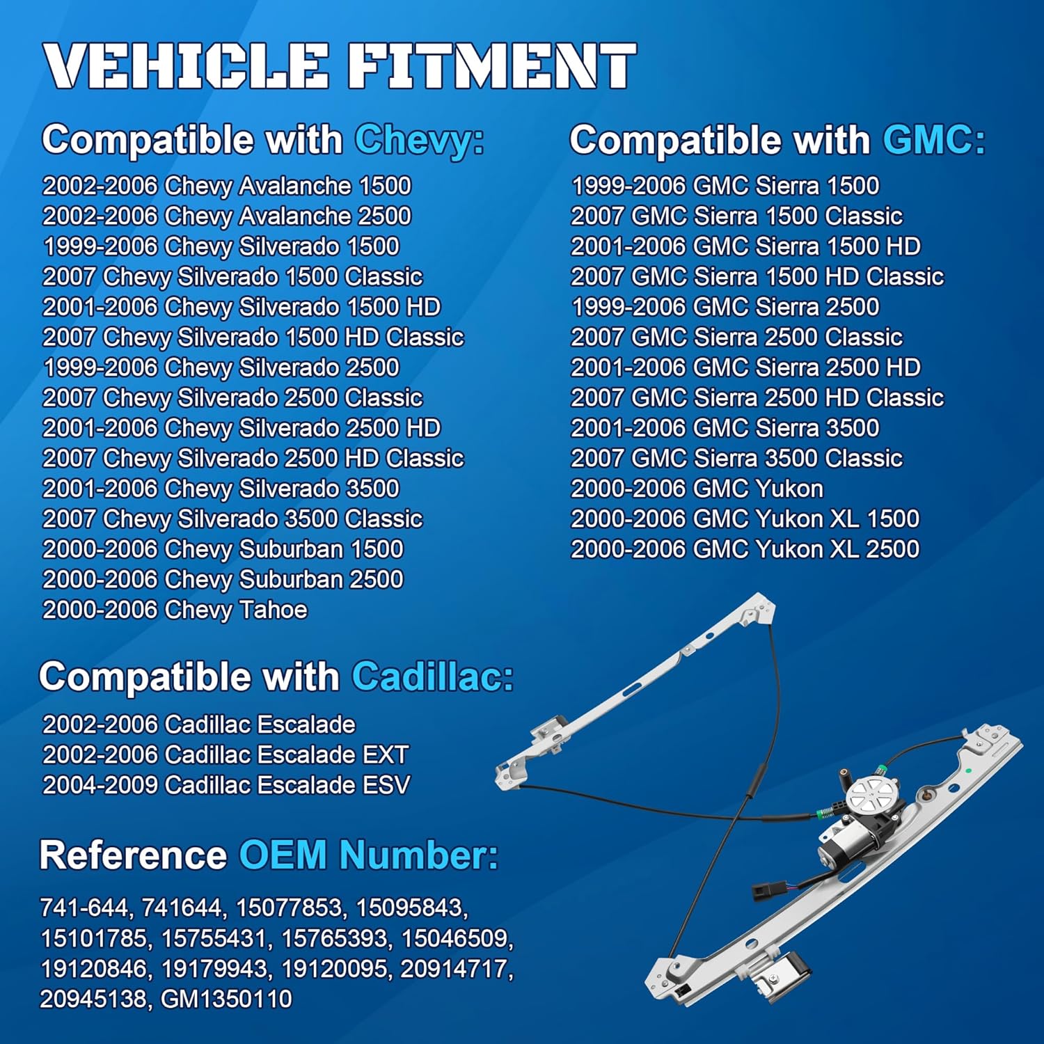 741-644 Power Window Regulator with Motor Assembly Front Driver Side Fit for 2000 2001 2002 2003 2004 2005 2006 Chevy Silverado Avalanche Tahoe Suburban GMC Sierra Yukon XL Cadillac Escalade ESV EXT Front Driver Side 741-644