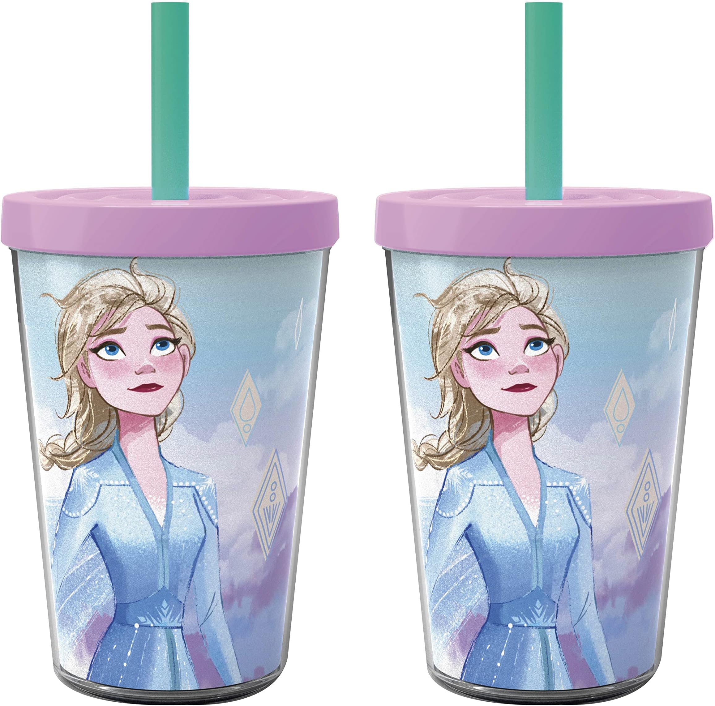 Zak Designs 13oz Disney Frozen 2 Movie Double Wall Tumbler with Lid and Straw, Made of Break-Resistant Plastic (Elsa, 13oz, Non BPA)