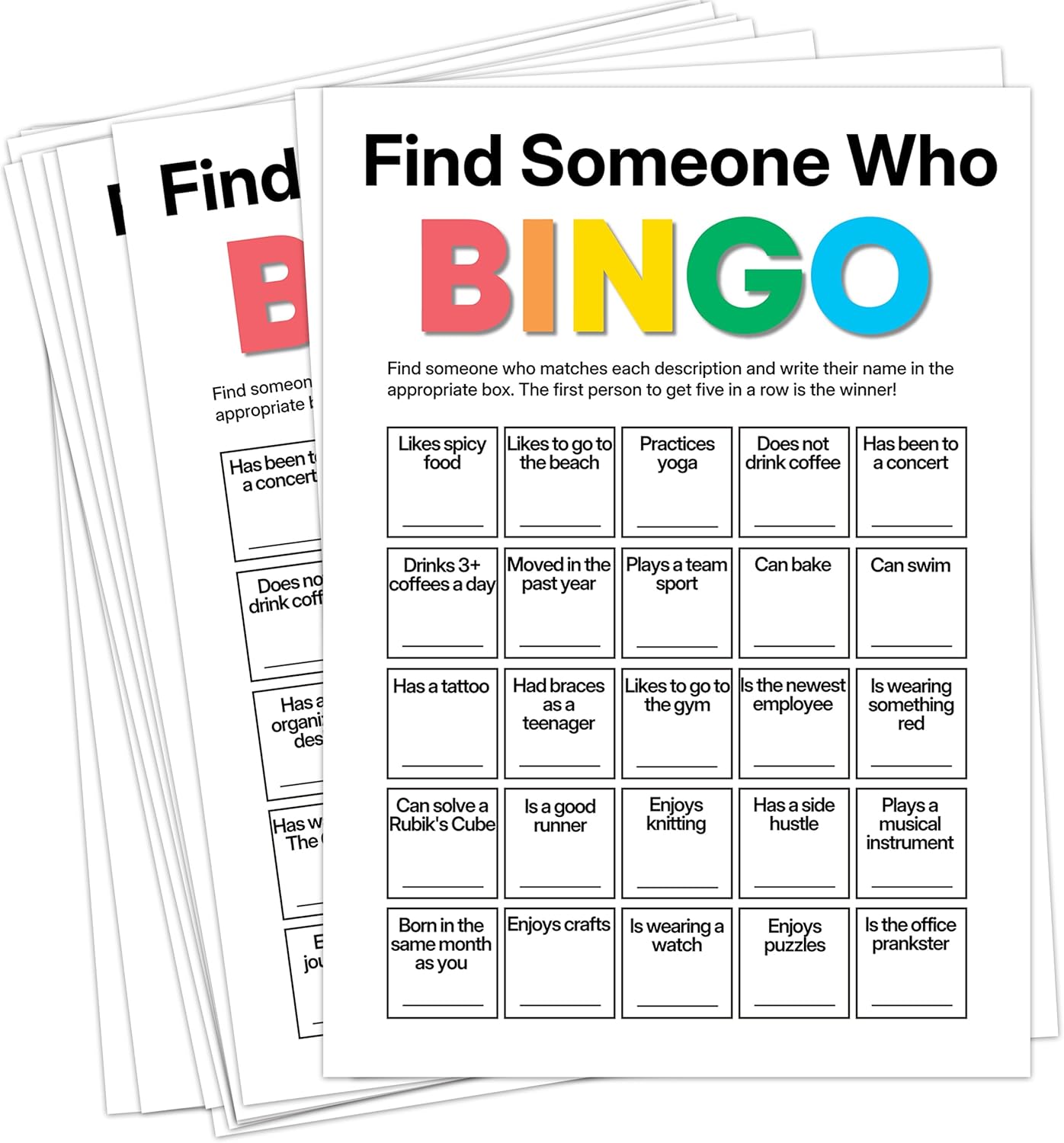 Office Bingo Cards, 25 Unique Randomized 5x7 Sheets, Get to Know You Bingo Game for Adults, Ice Breaker Office Party Games, Team Building Games for Work, High Replay Value - A03