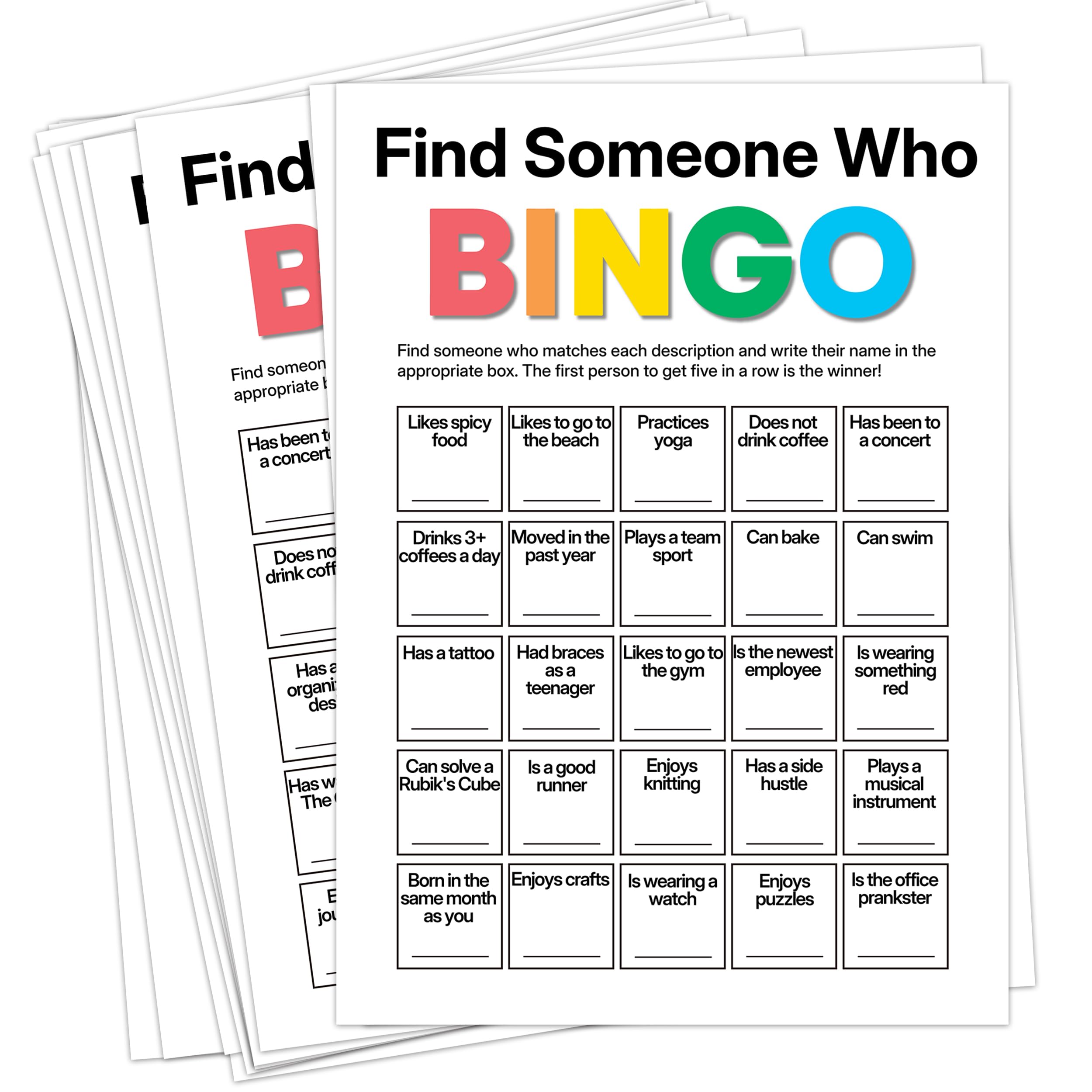 Sahjzk Office Bingo Cards, 25 Unique Randomized 5x7 Sheets, Get to Know You Bingo Game for Adults, Ice Breaker Office Party Games, Team Building Games for Work, High Replay Value - A03