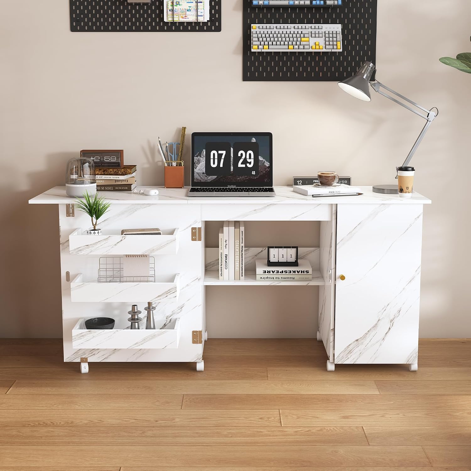 57.5 Inch Foldable Sewing Machine Table with Locking Casters, Multi-Storage Craft Station for Home, Bedroom, Craft Room - Adjustable Cabinet with Shelves and Bins (White)