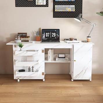 57.5 Foldable Sewing Machine Table with Locking Casters, Multi-Storage Craft Station with Shelves, Bins & Cabinet, Adjustable Sewing Cabinet for Home, Bedroom, and Craft Room