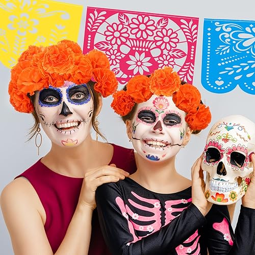 Miniatura 7 de Cartel de fiesta mexicana de Halloween, 124 unidades, papel picado, Día de los Muertos, banderines de fiesta, Día de los Muertos, flores muertas,