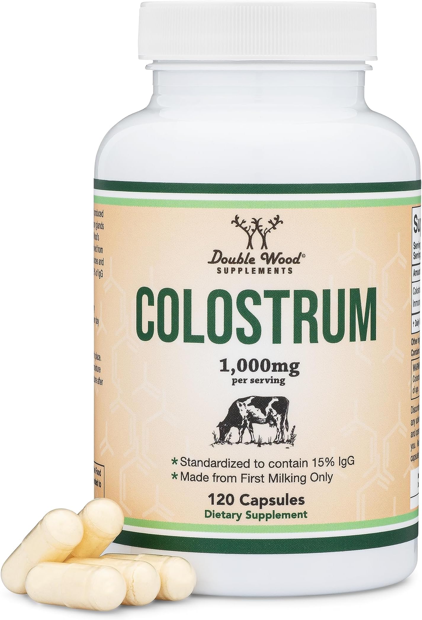 Double Wood Supplements Colostrum 120 Capsules, 1,000mg per Serving (Bovine Colostrum Powder from First Milking Only, Std. to Contain 15% IgG Immunoglobulins) No Fillers, Third Party Tested by