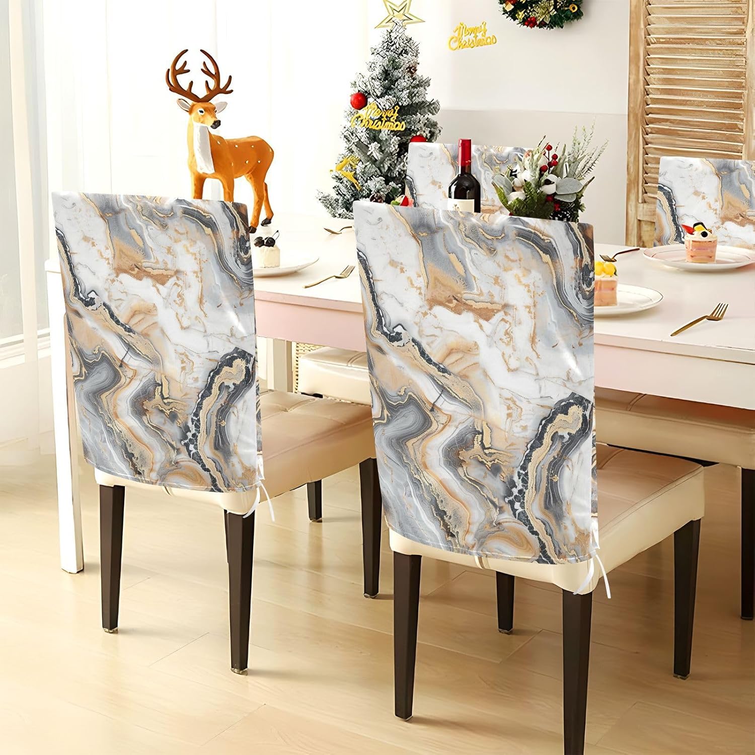 ALAZA White Grey Marble Chair Back Cover Set of 6, Washable Reusable Removable Chair Slipcovers Decorative Chair Cover for Home Kitchen Wedding Party