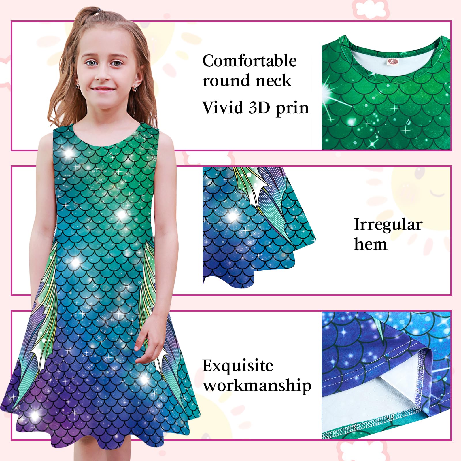 Kids4ever Robe d'été sans Manches pour Fille de 4 à 12 Ans Imprimé 3D Col Rond Robe Trapèze Robe de Princesse Sirène de Fête Galaxie
