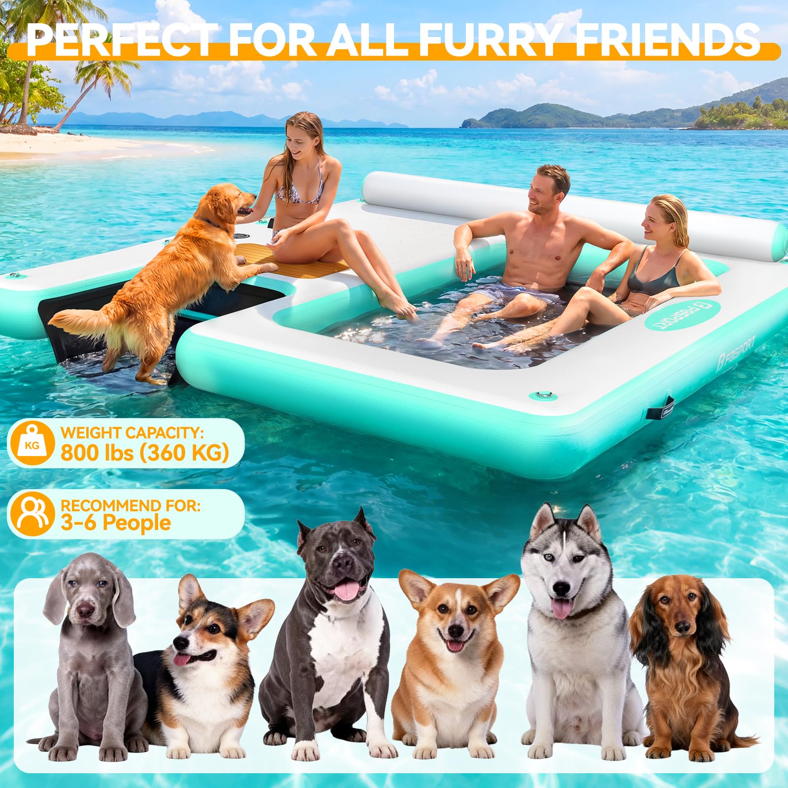 Aufblasbarer Schwimmsteg, Große aufblasbare Schwimmplattform, aufblasbare Insel | 240×240cm hundefreundliche Schwimmplattform mit Hunderampe und Kopfstütze, Wasserfloß für Pool, See, Strand und Ozean