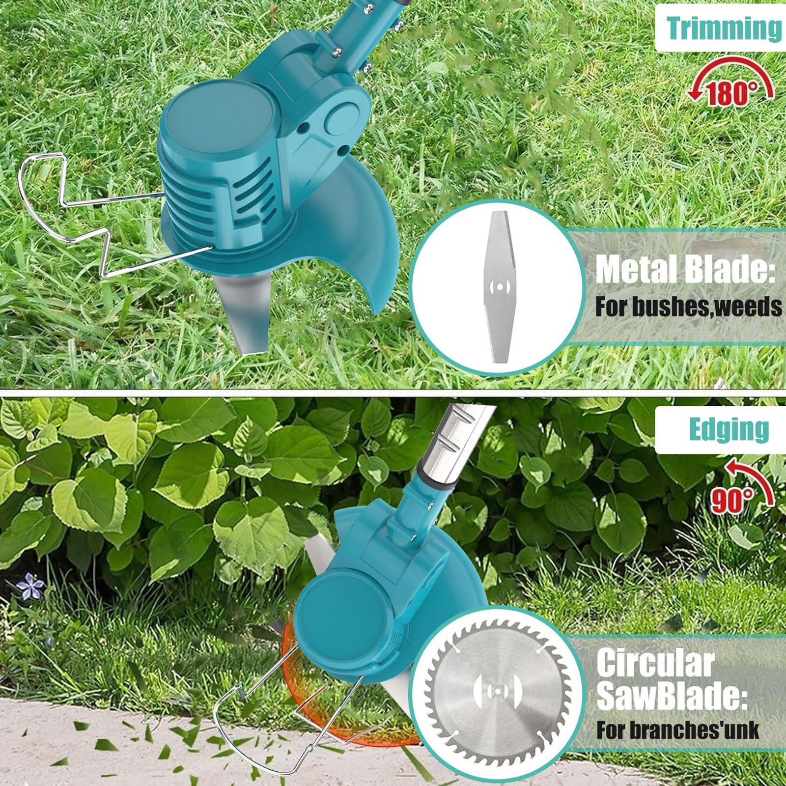 Cortadora de césped inalámbrica y cortacésped de empuje, 2 baterías y 3 cuchillas, 6000 rpm, mango ajustable para limpieza de malas hierbas de jardín
