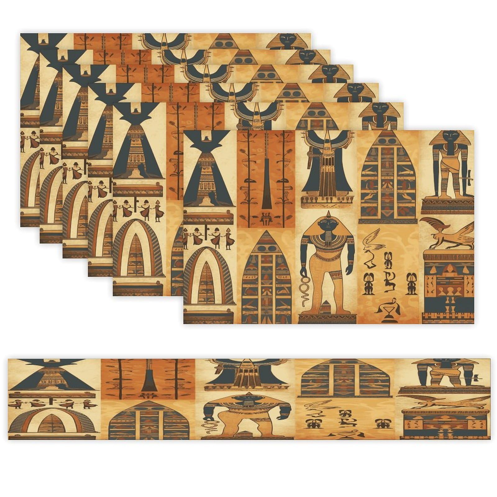 Ancient Egypt Tribe Series Table Runner and Placemats Set of 6 Wipe Clean Heat Resistant Table Mat with Table Runner Decorations Flax Linen Place Mat Set for Home Kitchen Party Supplies