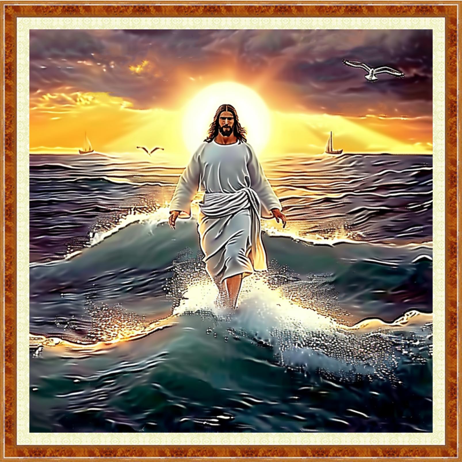 Joyhoor Stamped Cross Stitch Kits for Beginners Needlepoint Kits for Adults Embroidery Kits 11CT Counted Cross Stitch Kits Printed Embroidery Pattern-Sunrise Over Sea with Jesus 18x18 inch