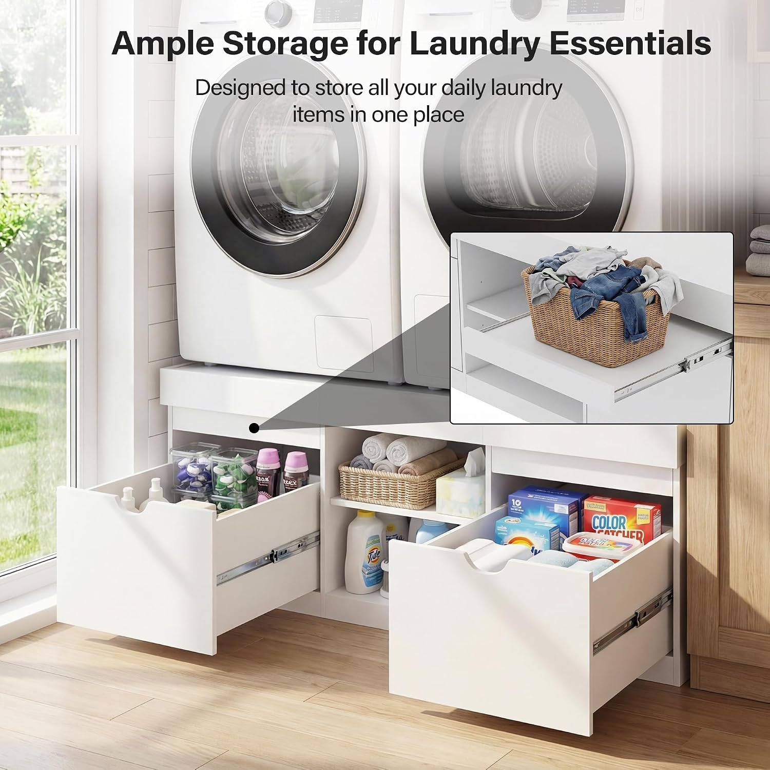 Washer and Dryer Pedestal, Heavy Duty Wooden Laundry Stand (White, 57.1" W) thumbnail