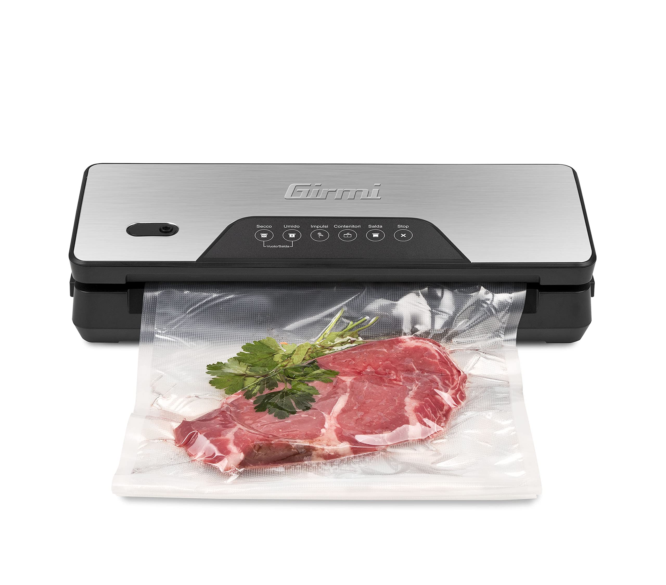 Girmi VT75 Macchina per il Sottovuoto per Alimenti Automatica,130 W, Forza Aspirante -750 mBar, 3 Funzioni sigilla, sottovuoto, contenitori, Panello Soft-Touch, Include rullo, Nero