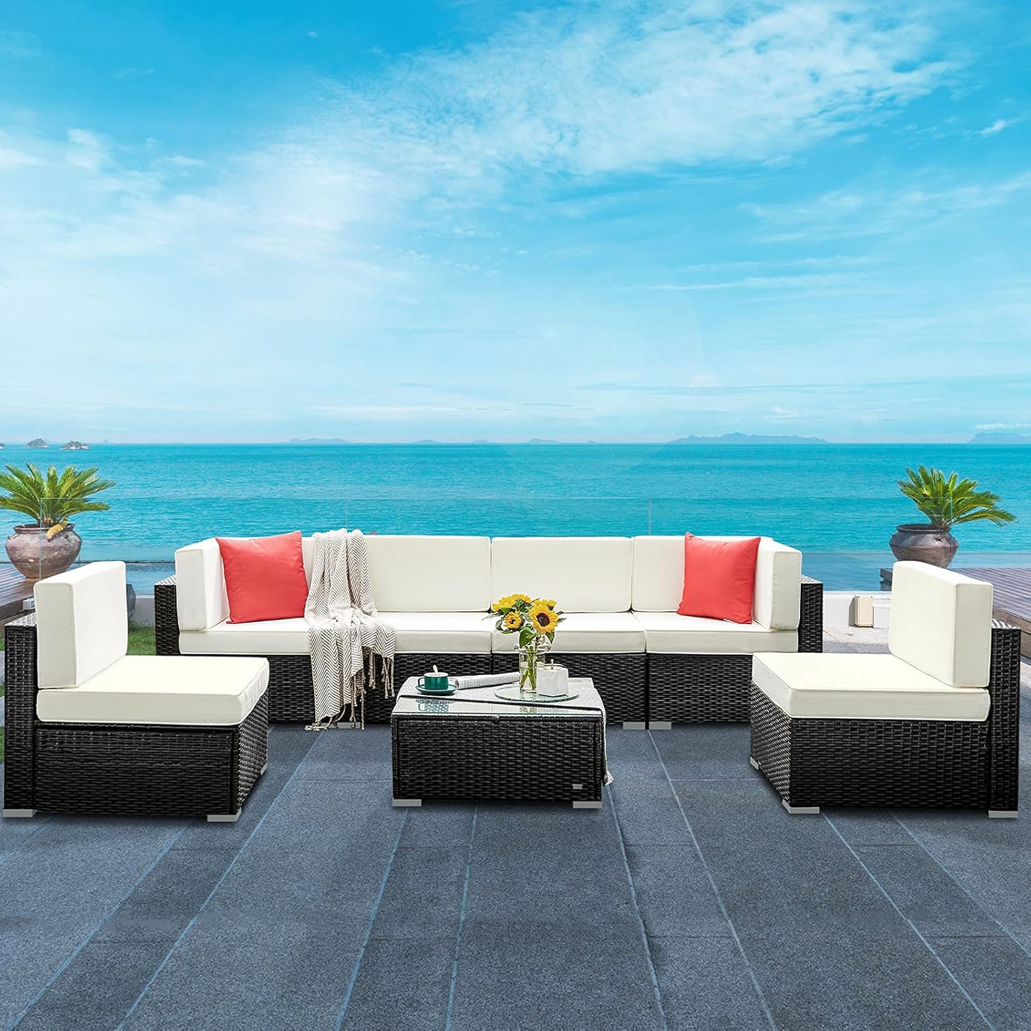 HONBAY 7 Pieces Patio Furniture Sets PE Wicker Rattan Patio Sectional Sofa Couch with Cushions and Coffee Table for Outdoor（Beige） : Patio, Lawn & Garden