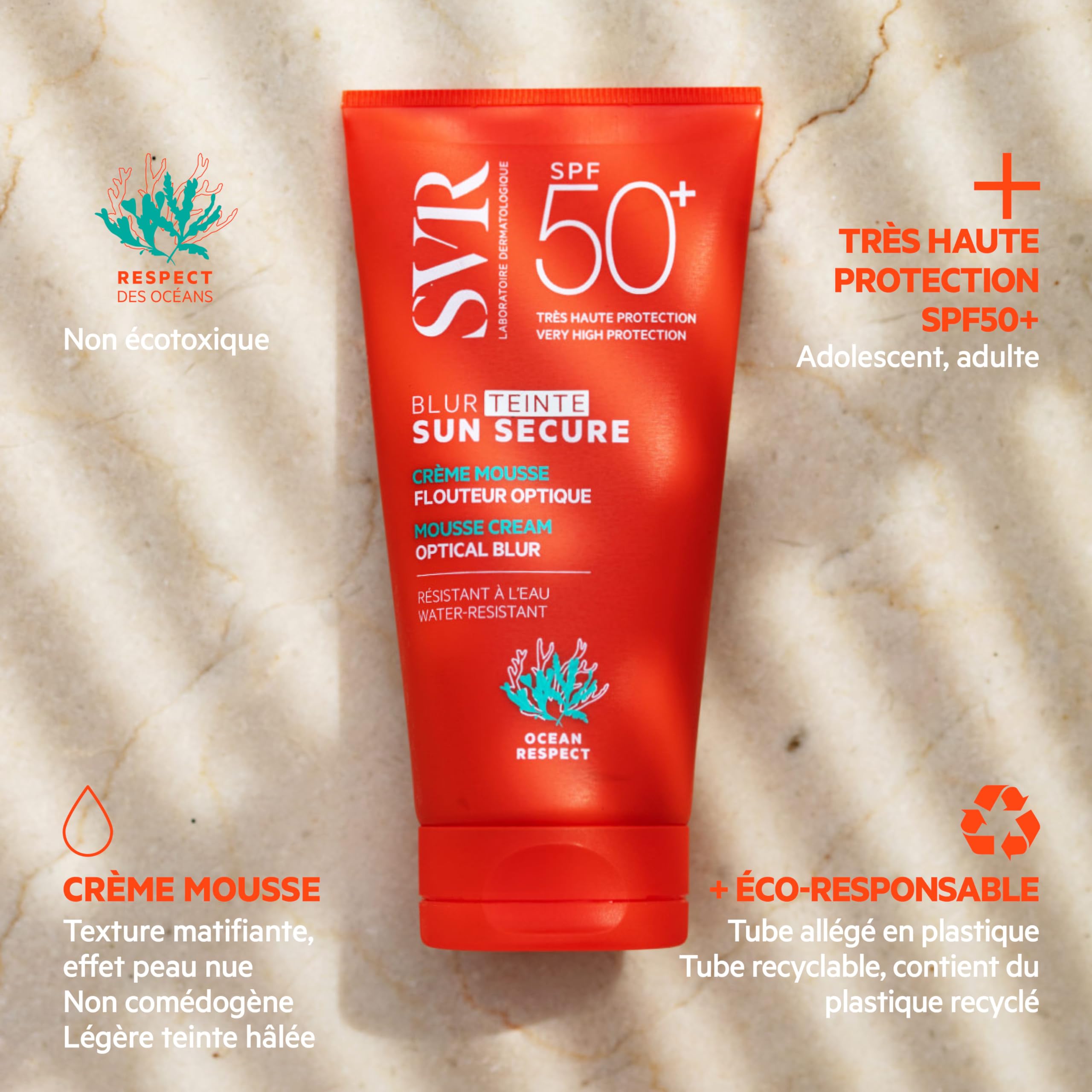 SVR - Sun Secure Blur Teinté SPF50+ - Crème mousse solaire teintée effet flouteur optique – Pprotection UVA, UVB, infrarouge & lumière visible – Peaux sensibles – Niacinamide, Vitamine E – 50 ml