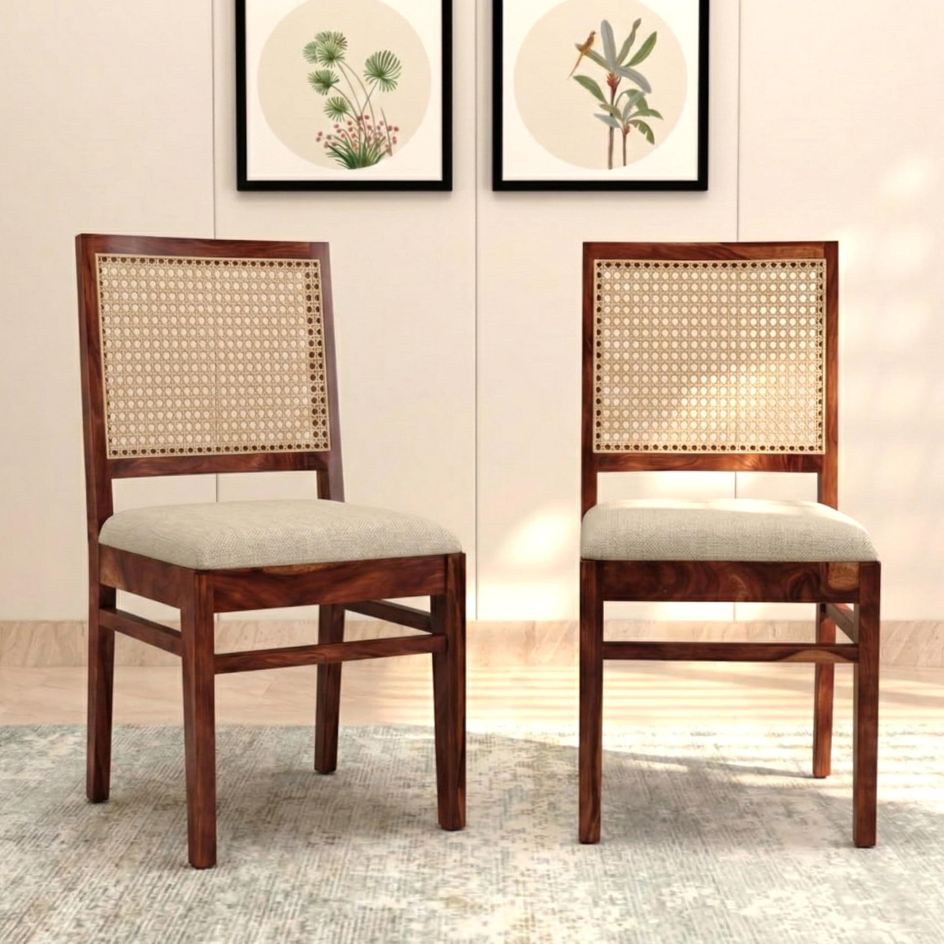 VeLivings Solid Sheesham Wood Chair with Cushion and Cane Back Support Chair Living Room Bedroom Home Wooden Furniture Garden Balcony Outdoor & Indoor,Dining Chairs (Honey Brown)-image-45