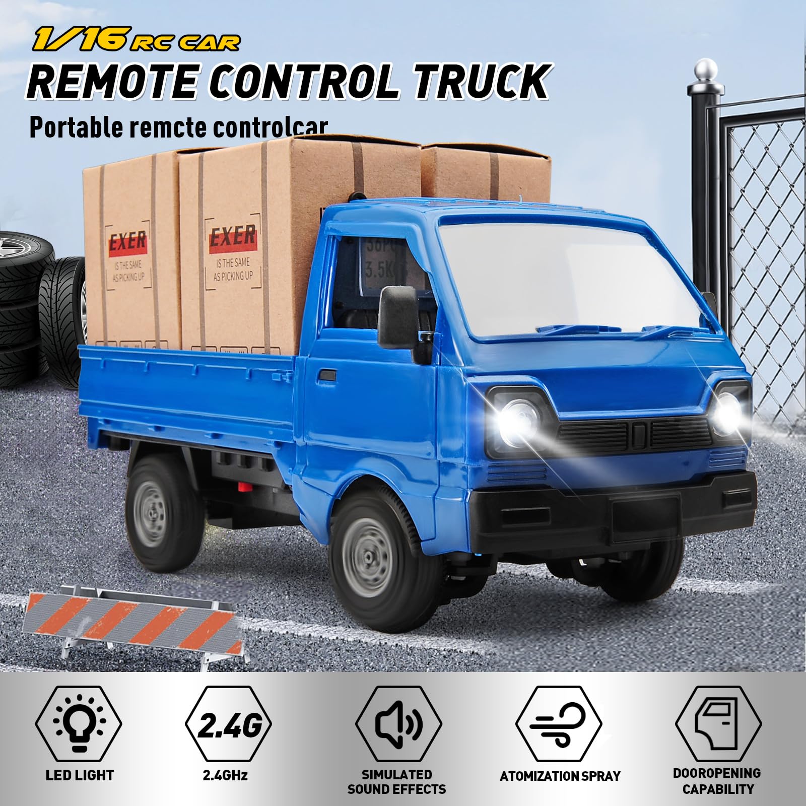 RC Car 1/16 RC Drift Car RTR Remote Control Racing Pickup Truck 2WD Truck Drift Crawler Off Road 2.4G with Spray Music and Light Vehicle Hobby Grade Toy Model for Kids and Adult (Blue-1)