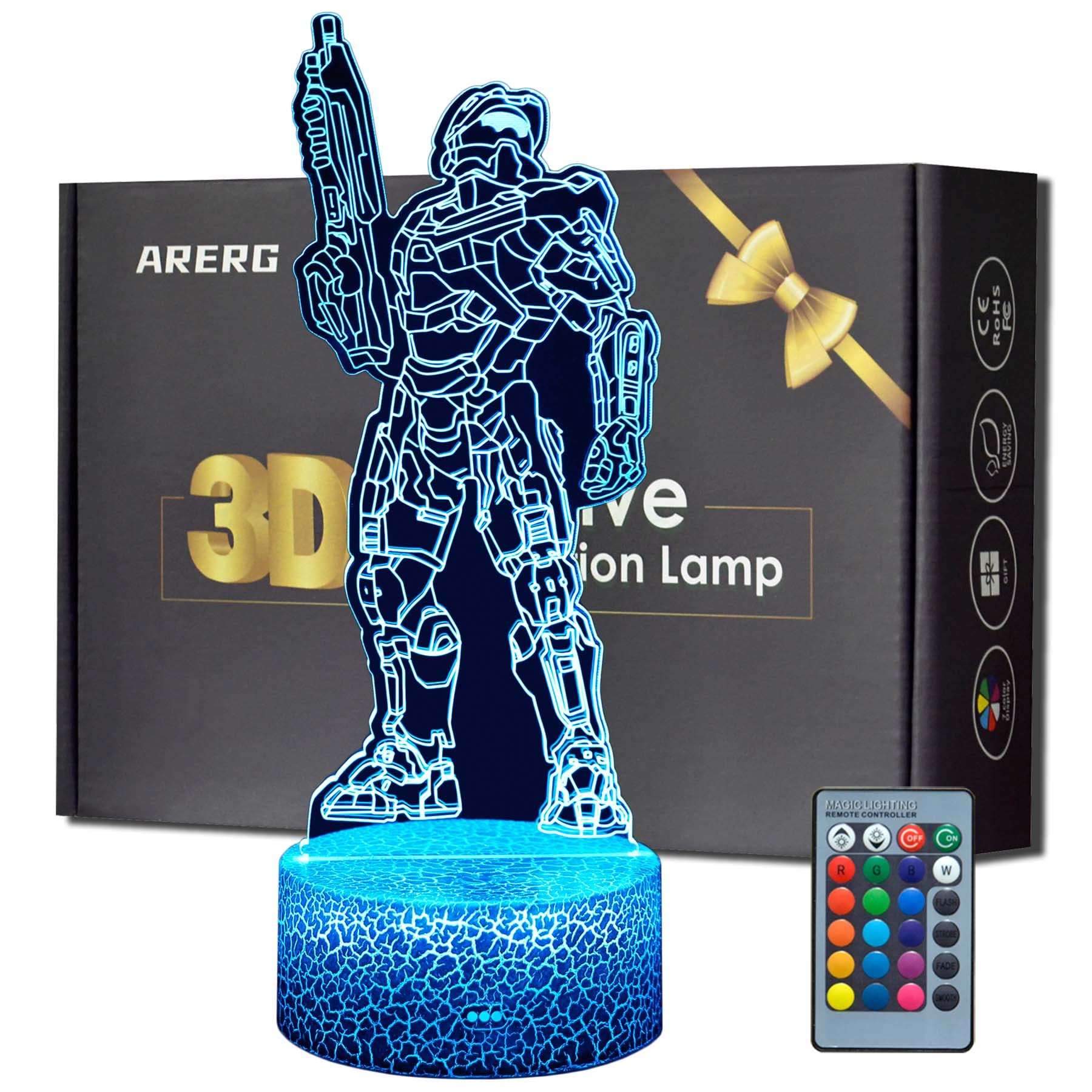 ARERGMaster Chief 3D Illusion Night Light Lamp, 16 Colours Changeable with Romote Game Room Decor Lighting, Creative Gifts for Boys Girls Teens Birthday Christmas