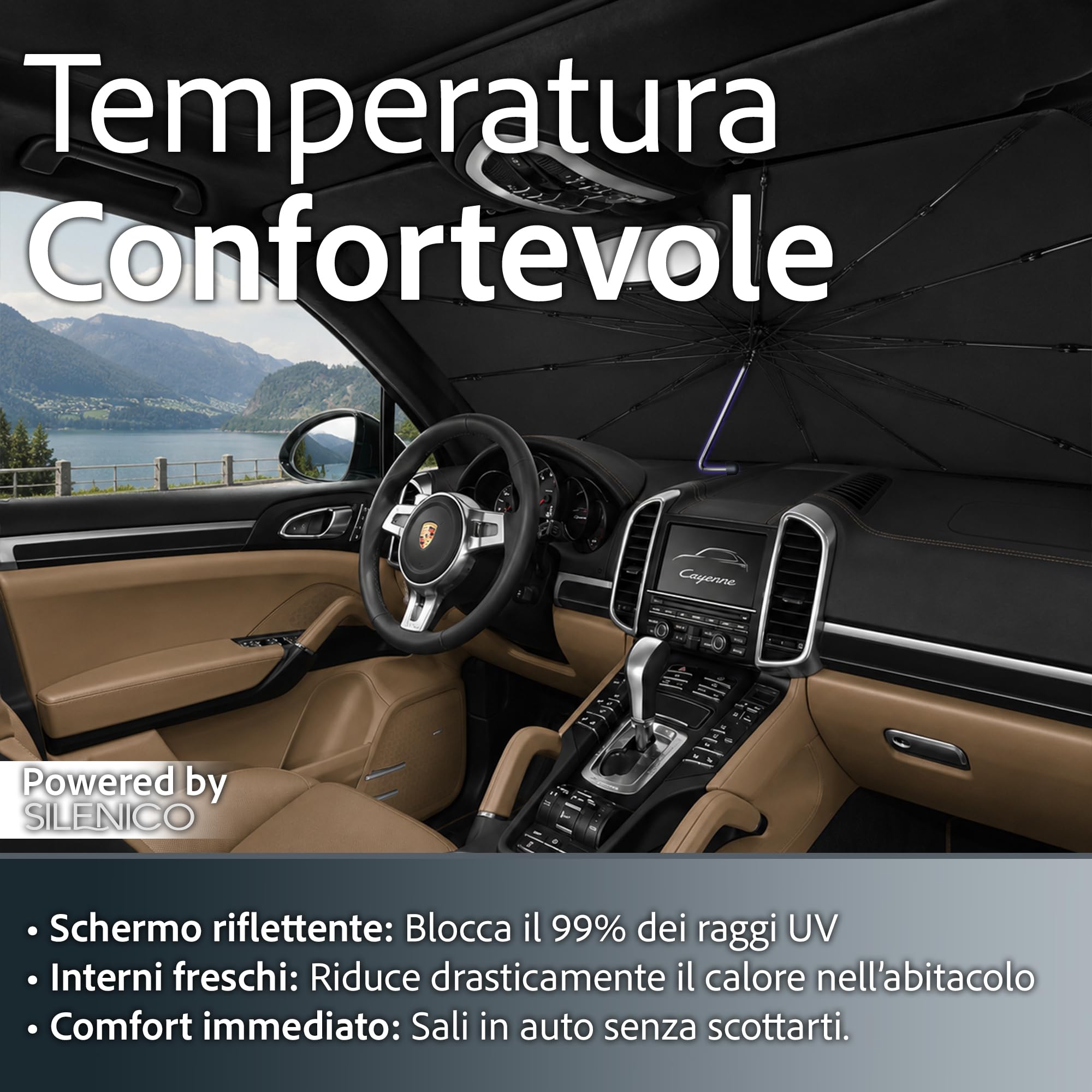 Ombrello Parasole Auto 140x80cm, Parasole Auto Parabrezza Interno con Aste In Fibra Ossea Ultra Flessibili e Manico Pieghevole 360°, Parasole Per Auto, SUV, Camion Piccoli e Medi
