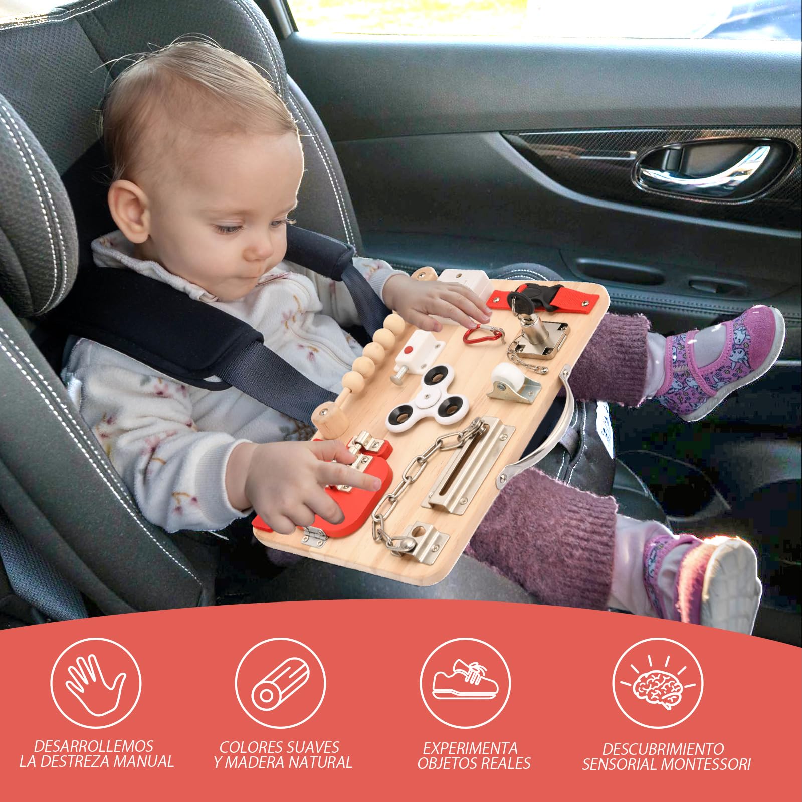 Potatomato Montessori Busy Board – Juguete sensorial de Madera para niños – Educativo y de motricidad – Juego de Viaje – Regalo para niñas y niños