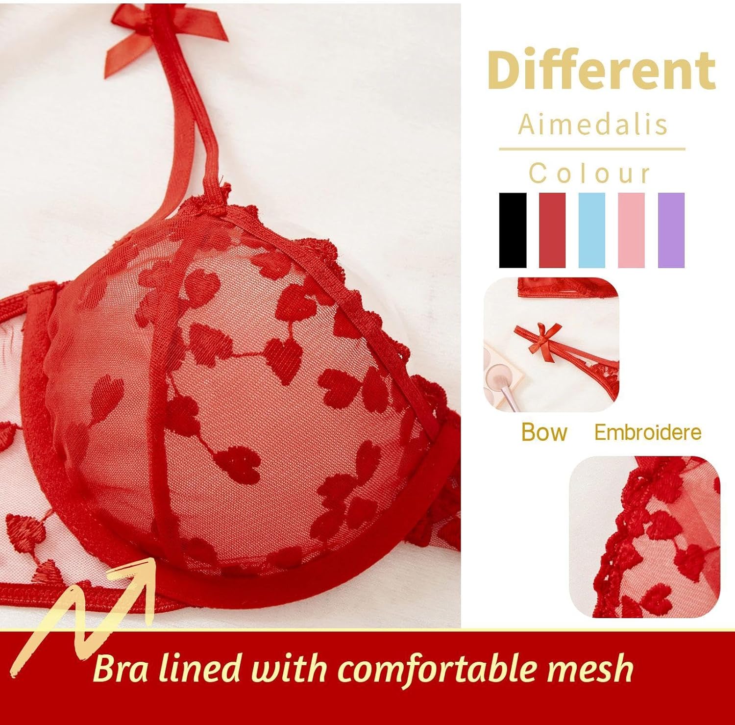 Sexy Womens Lingerie Set Floral Embroidered Underwire G-String Cute Mesh Sheer Bra And Panty Sets For Women - Image 3