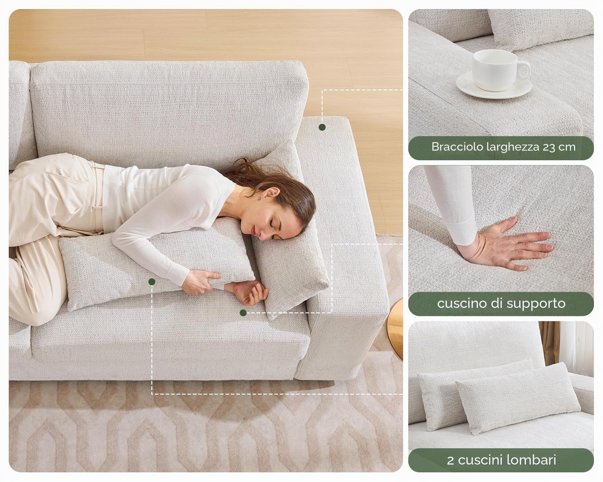 LUXOAK Divano a 3 posti da 220 cm con profondità di seduta di 59 cm, divano moderno con braccioli larghi, facile da montare, ideale per soggiorno, camera da letto o sala giochi, ciniglia beige