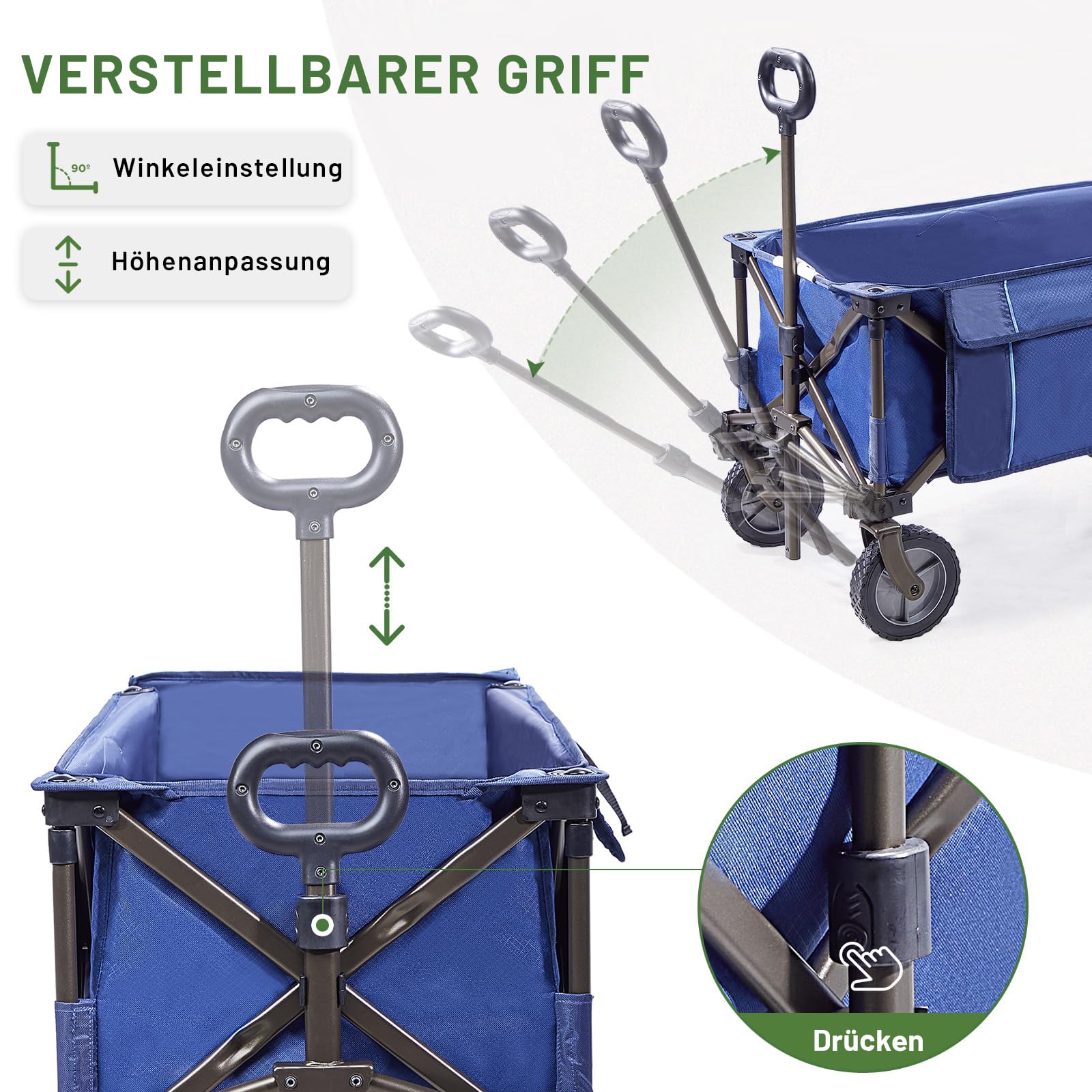 TIMBER RIDGE Heckklappe Faltbarer Klappwagen, Push-Pull-Strandwagen Faltbar, Seitentaschen, Camping, Garten, Einkaufen, 102kg Tragkraft, Blau