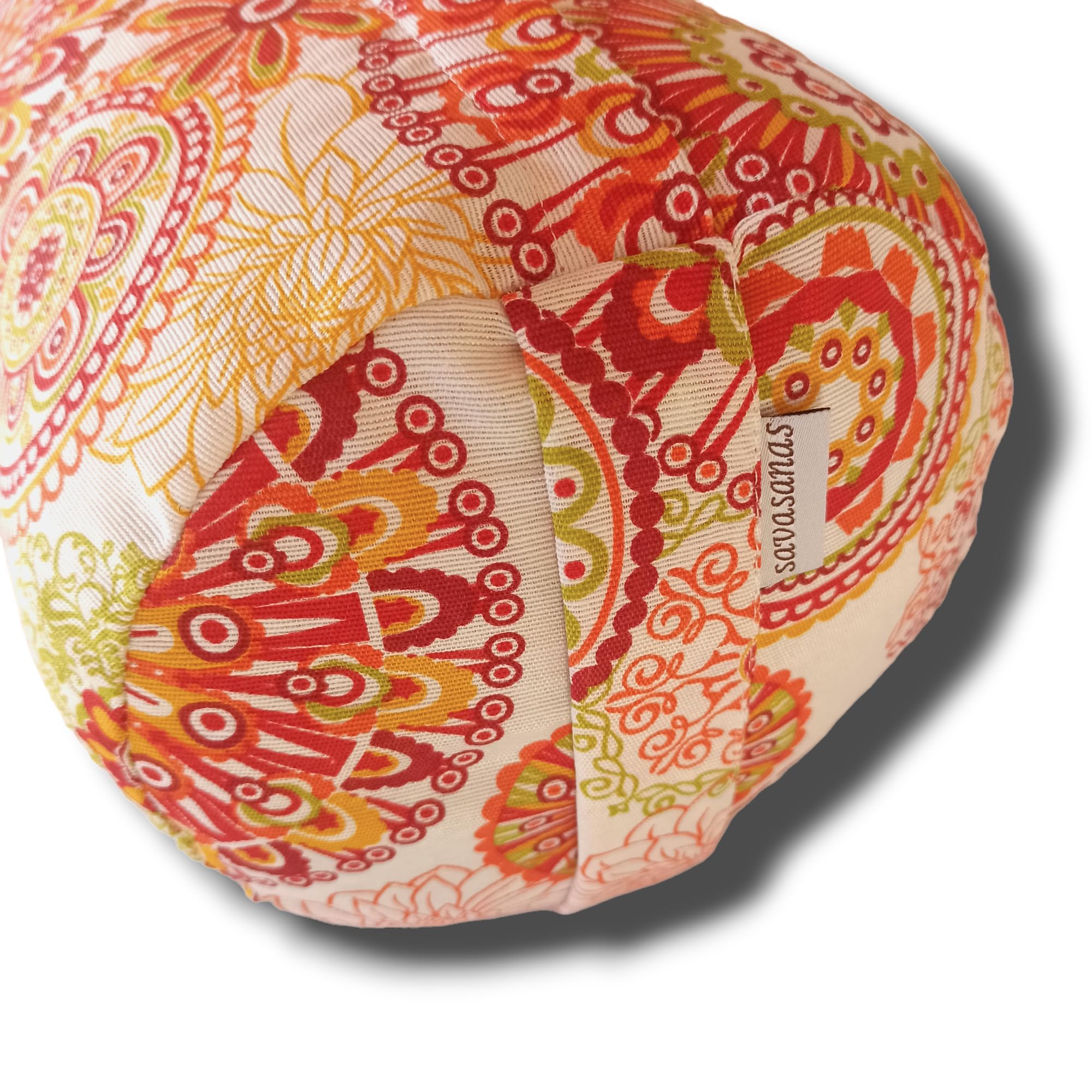 Bolster Yoga "Mandalas Naranja 2024", cojín cilíndrico, yoga accesorios, rodillo pilates, ideal para estirar espalda, relleno de cáscara de espelta ecológica, asa de transporte, 62x20cm