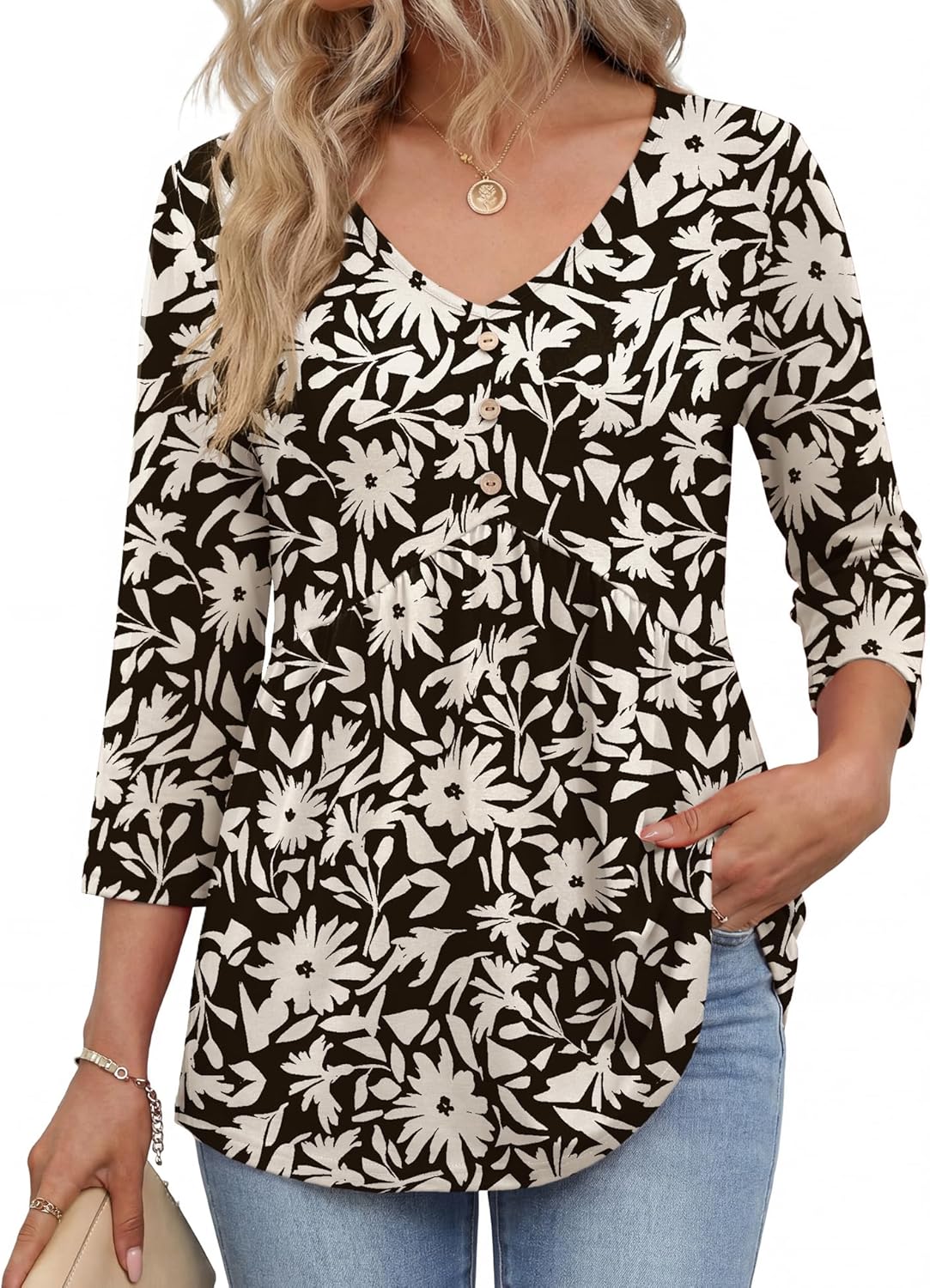 AKEWEI 3/4 Sleeve Babydoll Tops for Women Peplum Shirts Ladies Tunics and Blouses Dressy Casual Spring Fashion Clothing