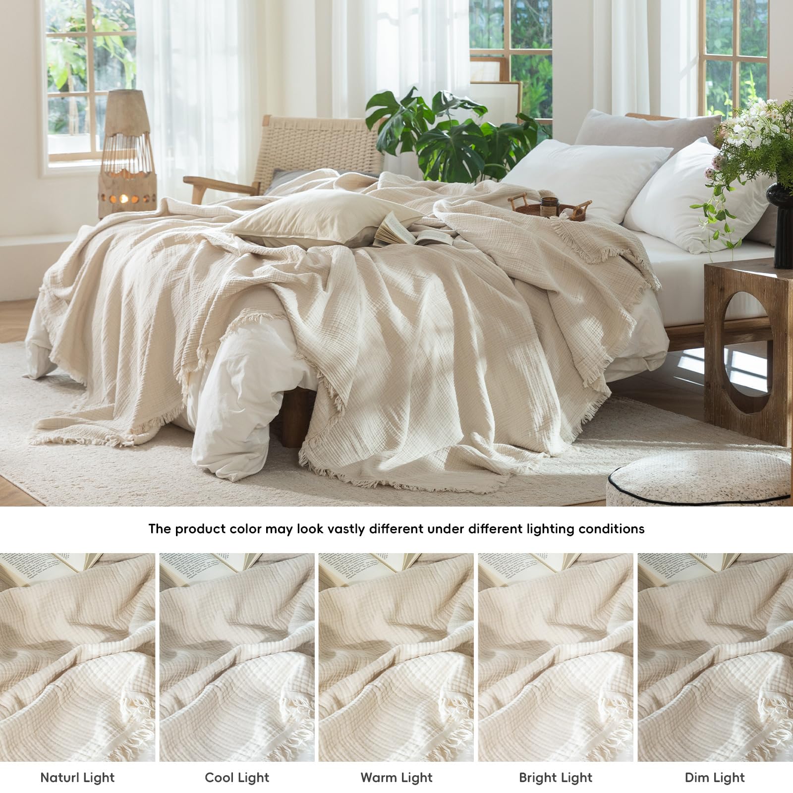 MooMee Musselin-Decke, 100 % Baumwolle, 4-lagige Gaze-Überwurfdecke mit umlaufenden Fransen, ultraweich, atmungsaktiv, leicht, kühlend, dekorativ für Bett, Sofa und Couch (Beige, Super-King-Size-Bett
