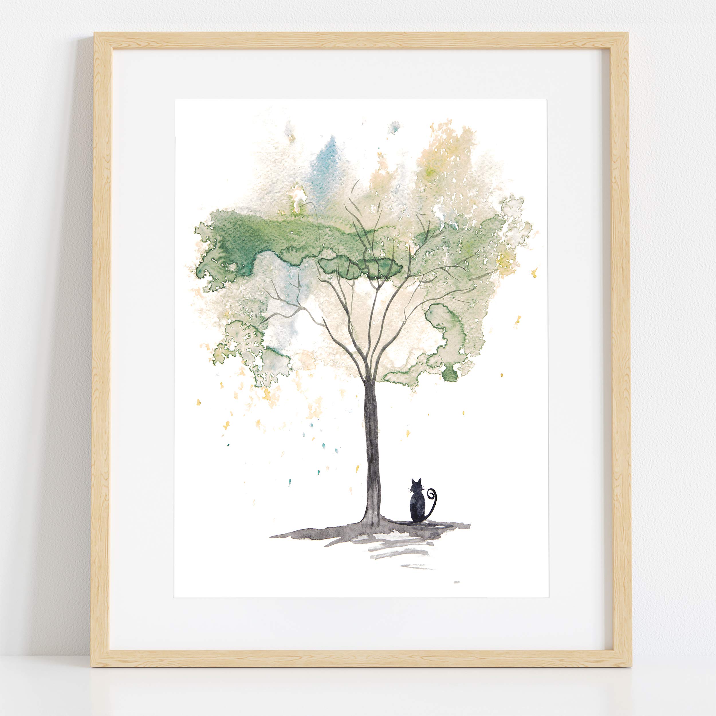 Cat Under A Tree Painting, Poster Print Of Original Green Artwork, Pet Lovers Gift, Art For Cat Lovers Walls, Green Home Decor