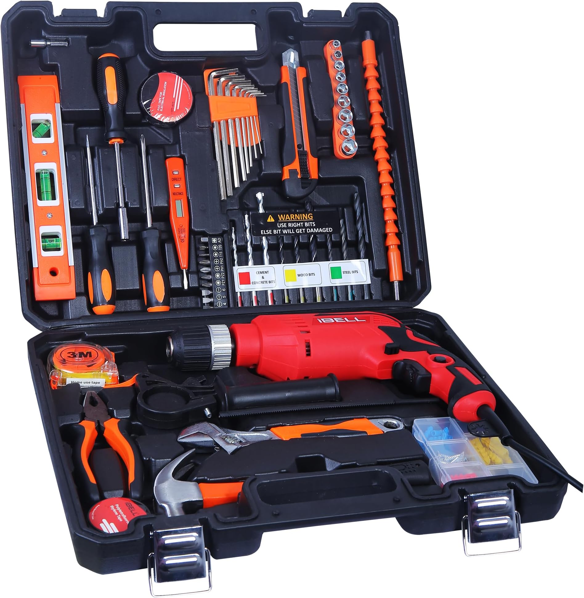 IBELL Professional Tool Kit with Impact Drill TD13-100, 650W, Copper Armature, Chuck 13mm Keyless Auto, 115 Home Essential Tools/Accessories-6 months warranty