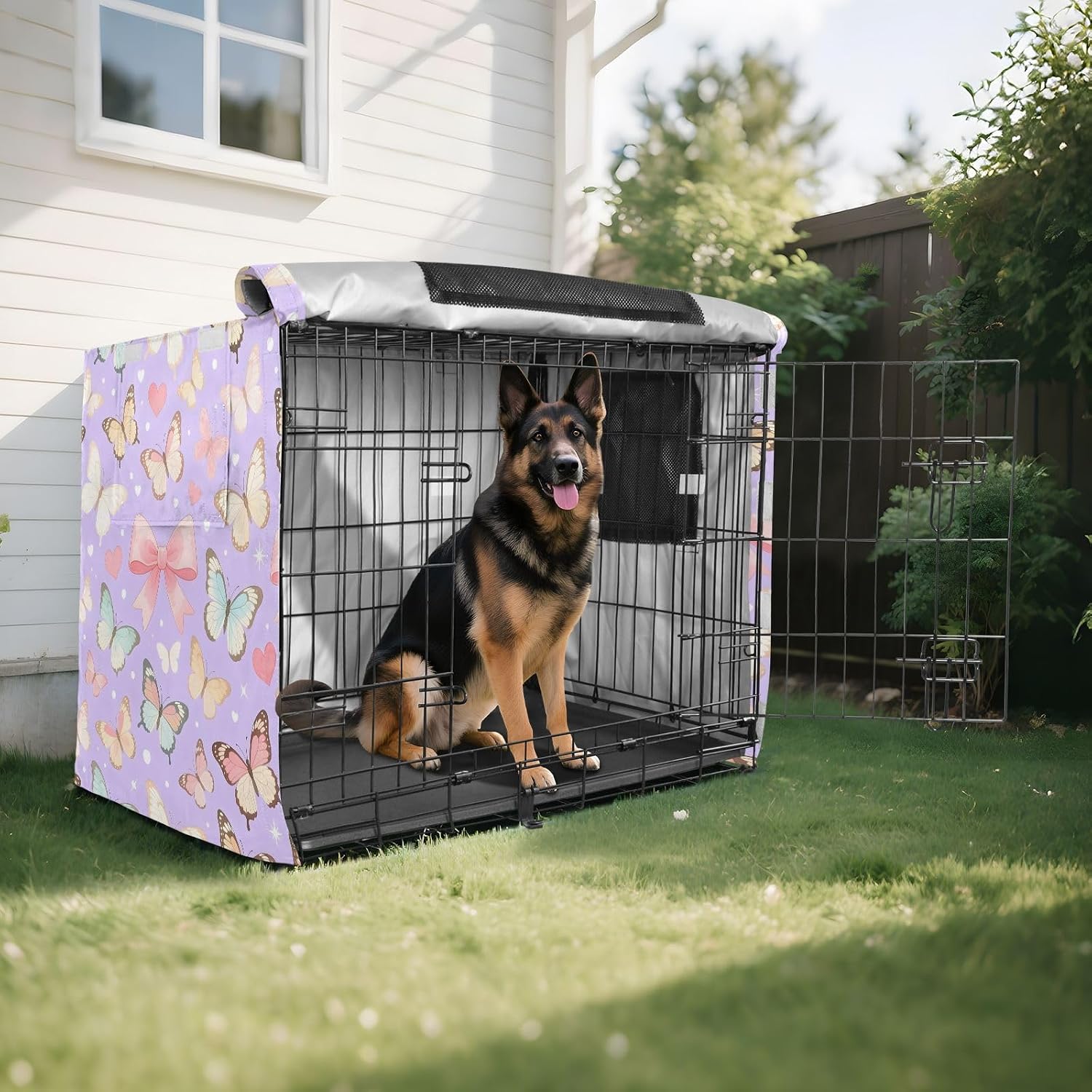 Lavender Butterfly Dog Crate Cover 600D Oxford Pet Kennel Cover with Mesh Window for Dog Cages, Windproof Waterproof Machine Washable, 42"x28"x30"