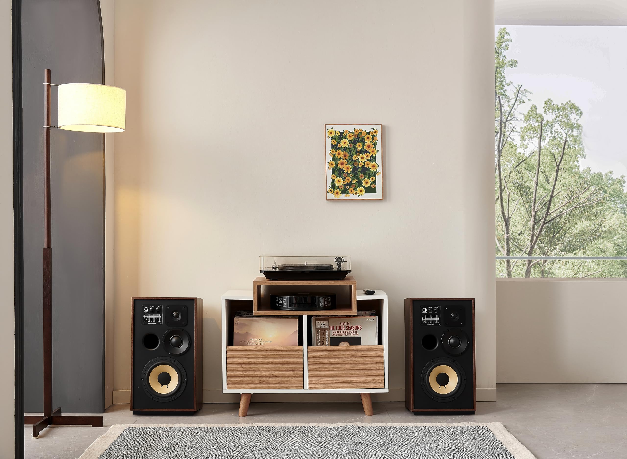 NorStone OSLO 800 Mobile in vinile per mobili in vinile – Elettronica Hifi – 2 cassetti portaoggetti – finitura bianco/rovere chiaro – 80 x 64 x 40 cm