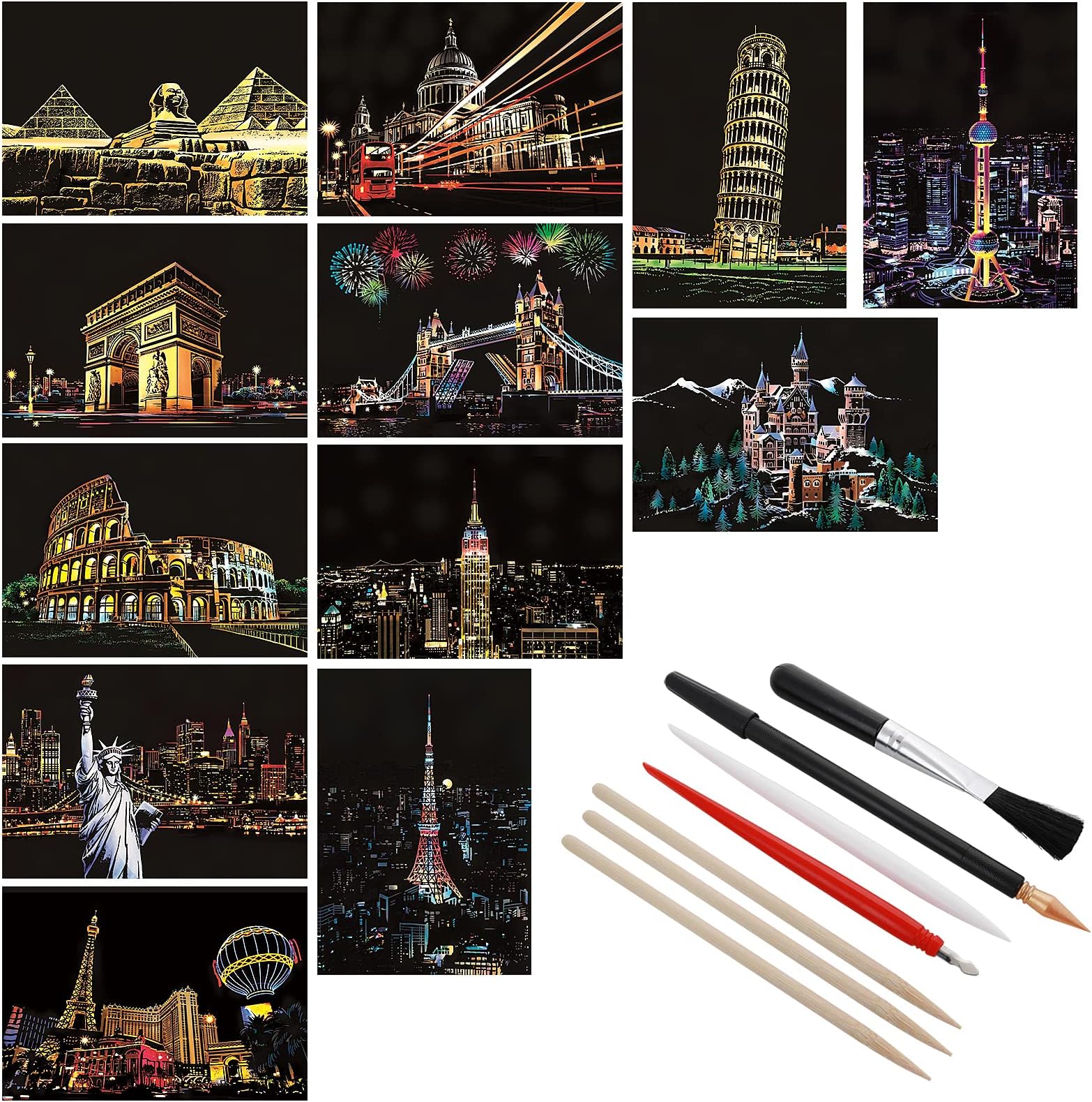 Lusofie 12 Sheets Scratch Art Painting Rainbow Scratch Paper, Sketch Pads DIY Art Craft City Series Night View Scratch Art for Adults and Kids, Craft Art Kits with 6 Tools-7.8 X 5.5 Inches