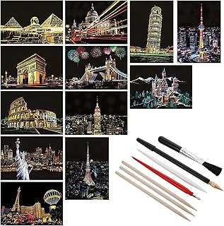 12 Sheets Scratch Painting Rainbow Paper, Sketch Pads DIY Art Craft City Series Night View Scratchboard for Adults and Kids, Craft Art Kits with 6 Tools-7.8 X 5.5 Inches