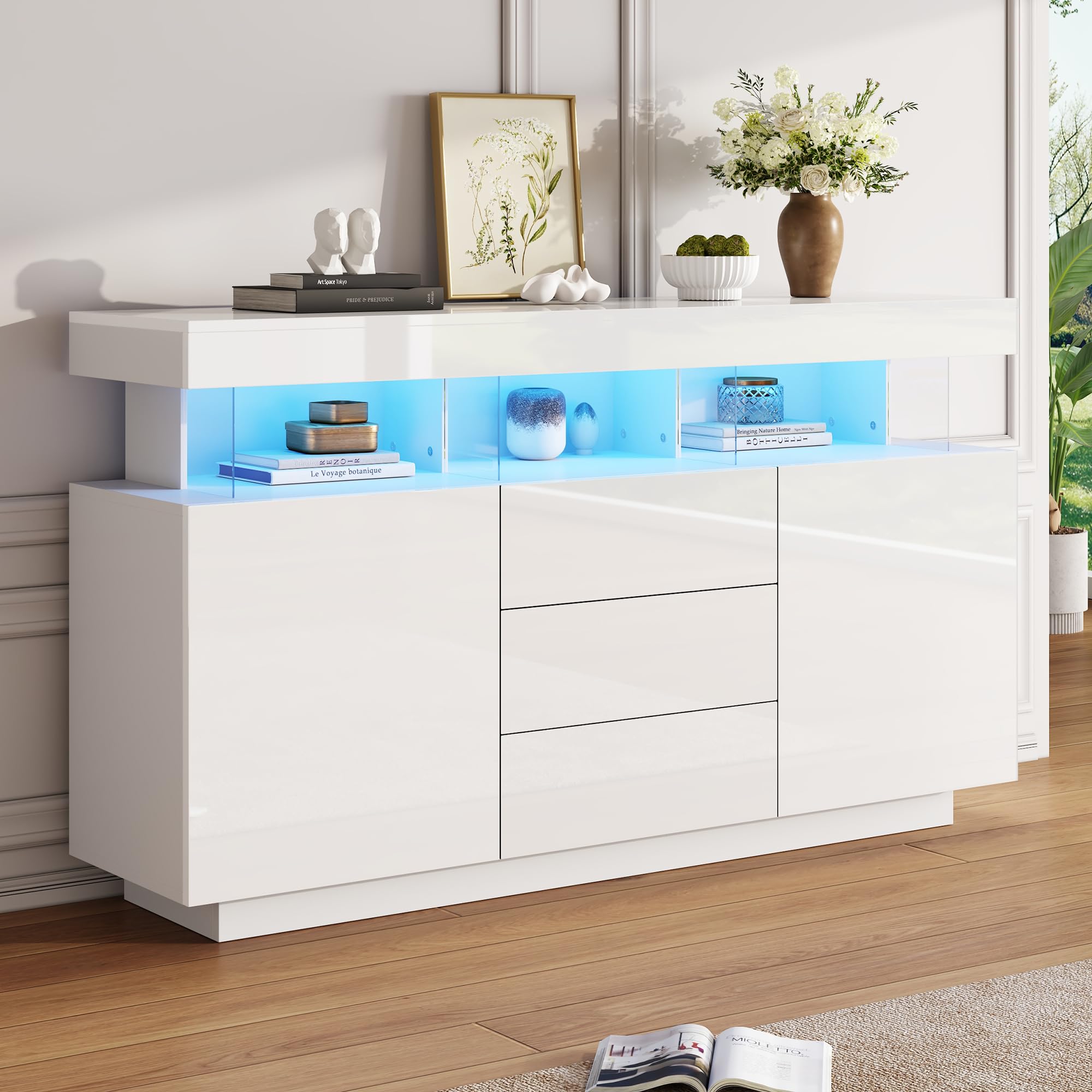 Sideboard Weiss Hochglanz 140 cm Breit für Wohnzimmer, Küche und Flur