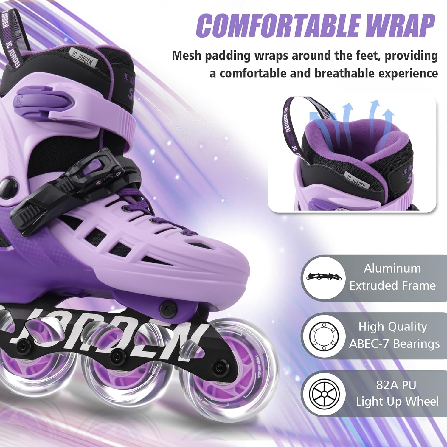 inline skates for kids girls and boys, 4 sizes adjustable roller skates blades with full light up wheels for women men, durable outer shell, roller skates 4-12 adults violet medium - big kid (1-4 us)