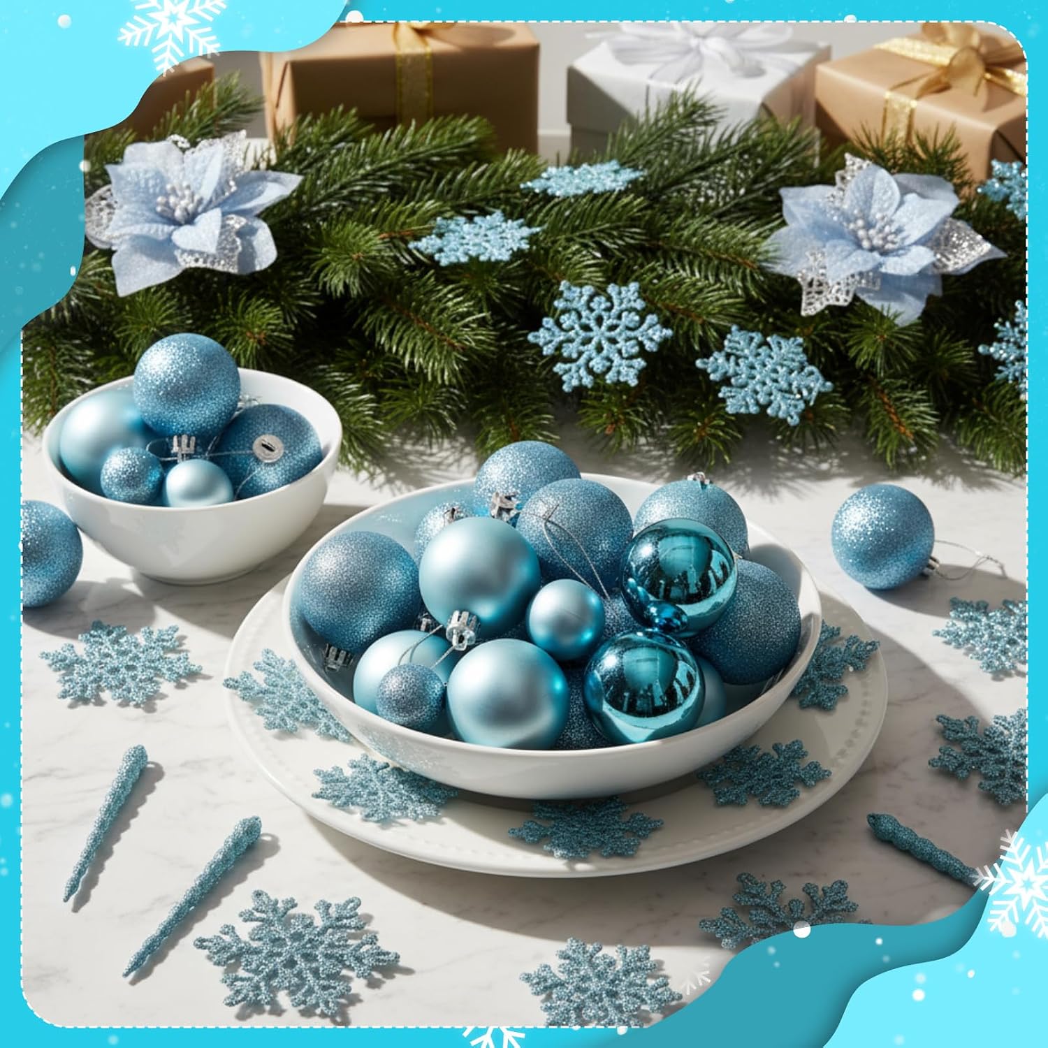 Soulchen 72 Pcs Christmas Tree Decorations Set, Blue Hanging Icicles Ornaments Shatterproof Christmas Balls Glitter Snowflakes Ornament Poinsettia Flowers for Xmas Tree Party Decor thumbnail