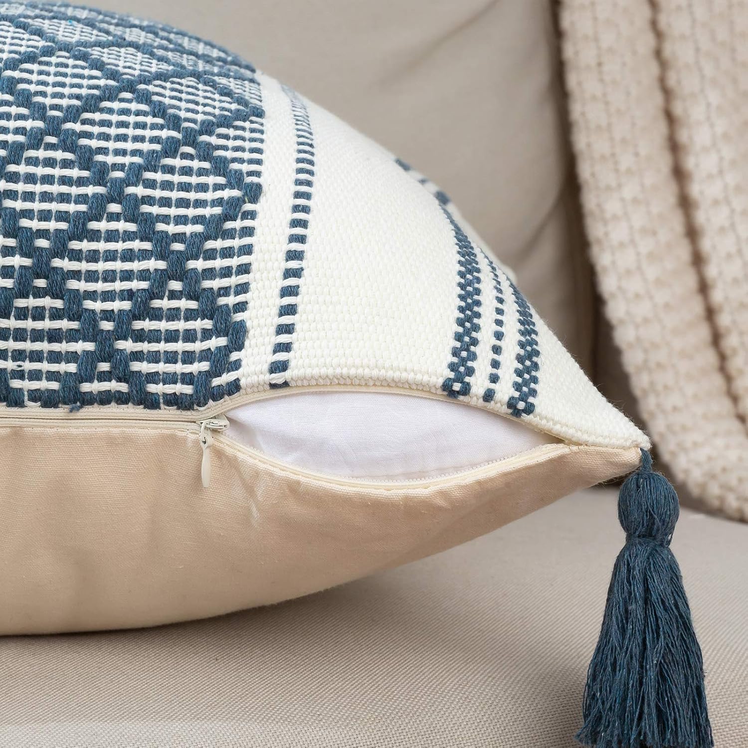 Set of 2 Boho Neutral Decorative Throw Pillow Covers 18x18 Inch, Cotton Woven Diamond Jacquard Pattern Pillow Cases for Couch Sofa Bedroom Car, Modern Accent Square Pillowcase, Blue : Home & Kitchen