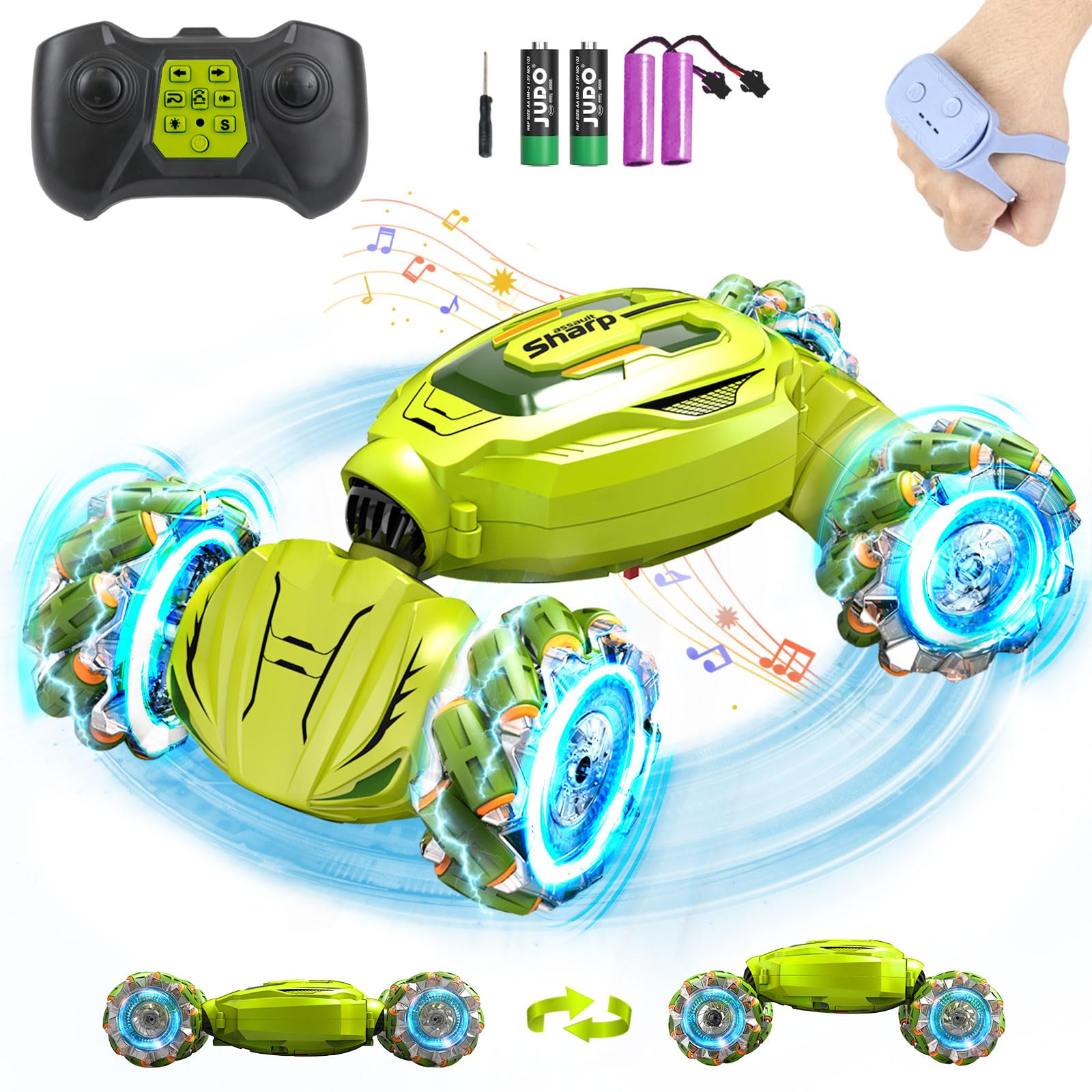 Gesture Sensing RC Stunt Car, 4WD Hand Controlled Remote Control Car Toys for 6-12 yr Boys Girls - St. Patrick's Day Gifts for Kids 6-8 8-13, 360° Rotating Transform Off Road w/Lights Music, Green