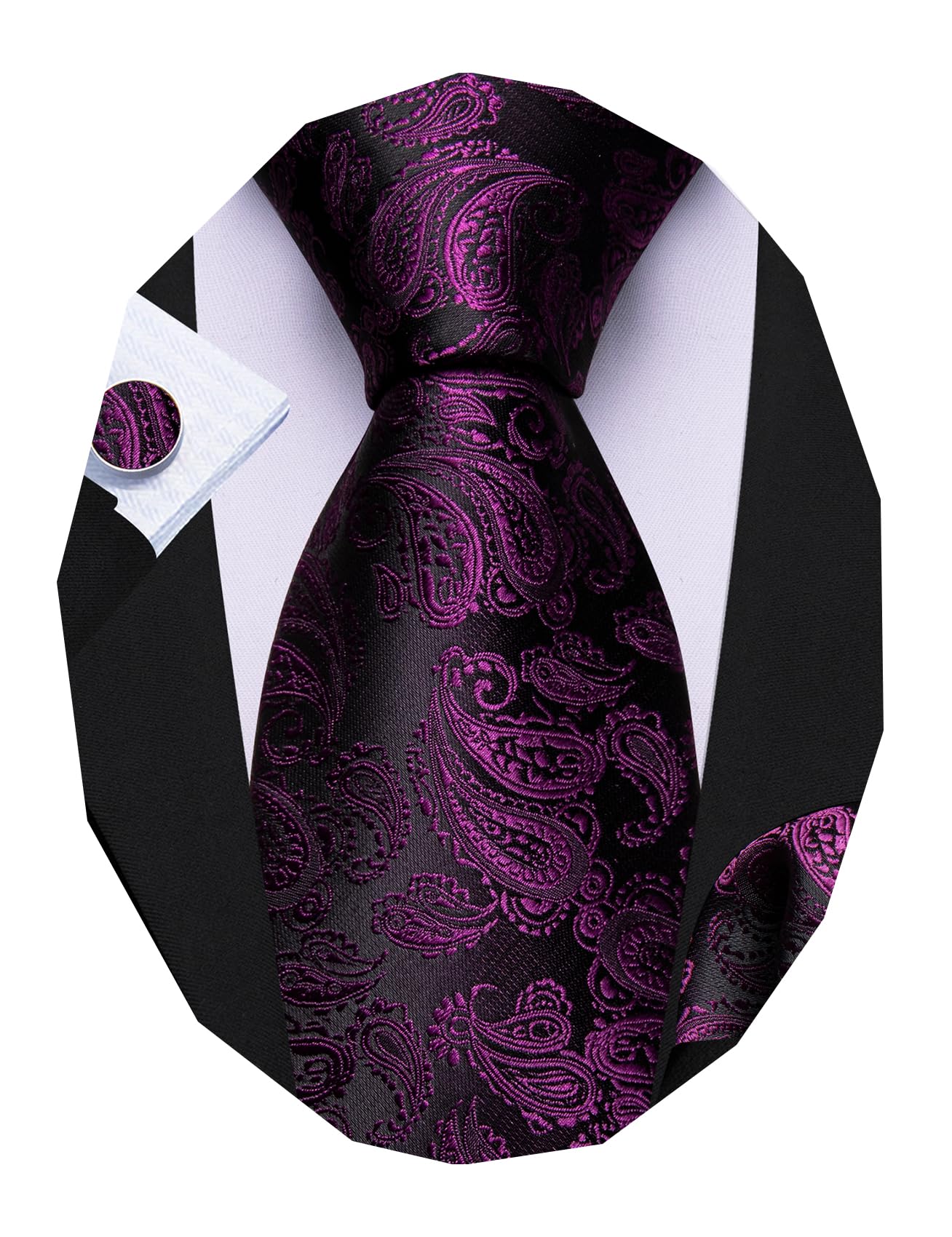 Barry.Wang Men Tie Sets Paisley Silk Necktie Pocket Square Cufflinks