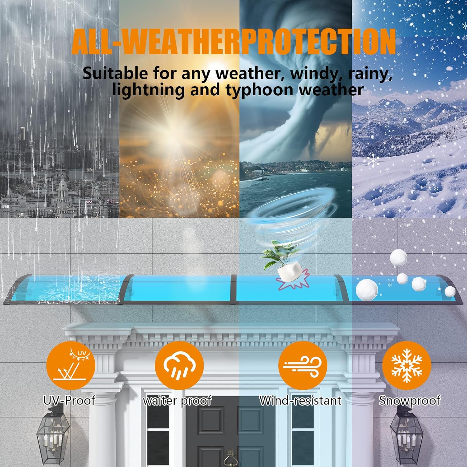 Window Awning Door Canopy 32"x48", Awnings for Doors Polycarbonate Cover Patio Door Awning UV Rain Snow Sunlight Protection Hollow Sheet,Black Bracket & Blue Board