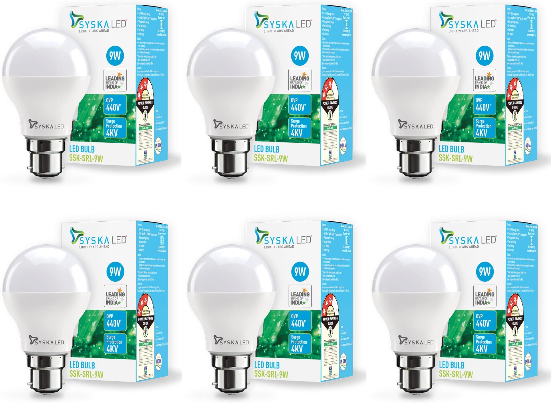 Ssk-Srl-9W- Base B22D 9-Watt Led Bulb (Pack Of 6, Cool Day Light)
